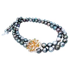Diamond Emerald Floral Lacework Pendant Double Strand Tahitian Pearl Necklace