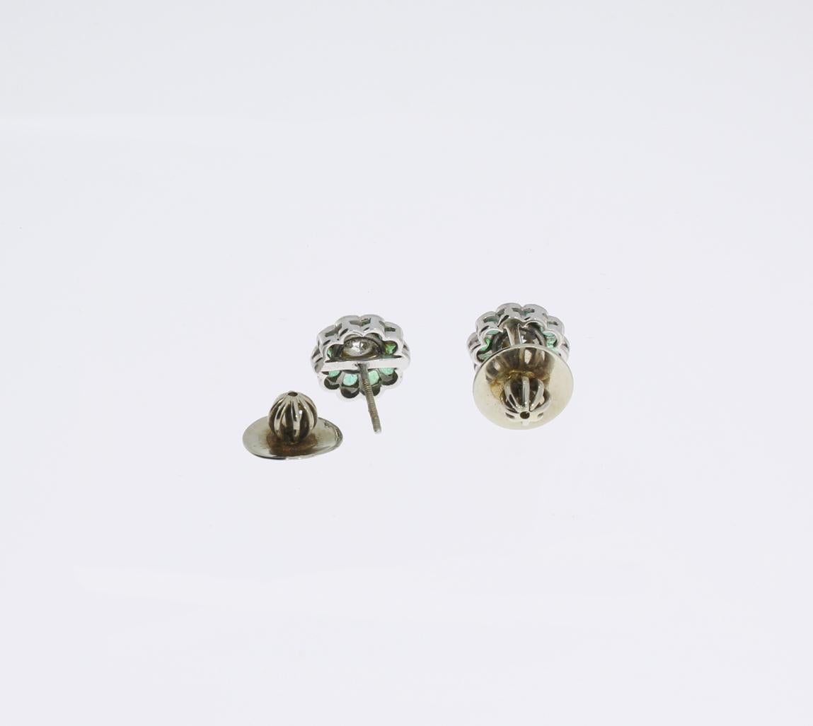 Diamond Emerald Floral Shape Stud Gold Earrings 1