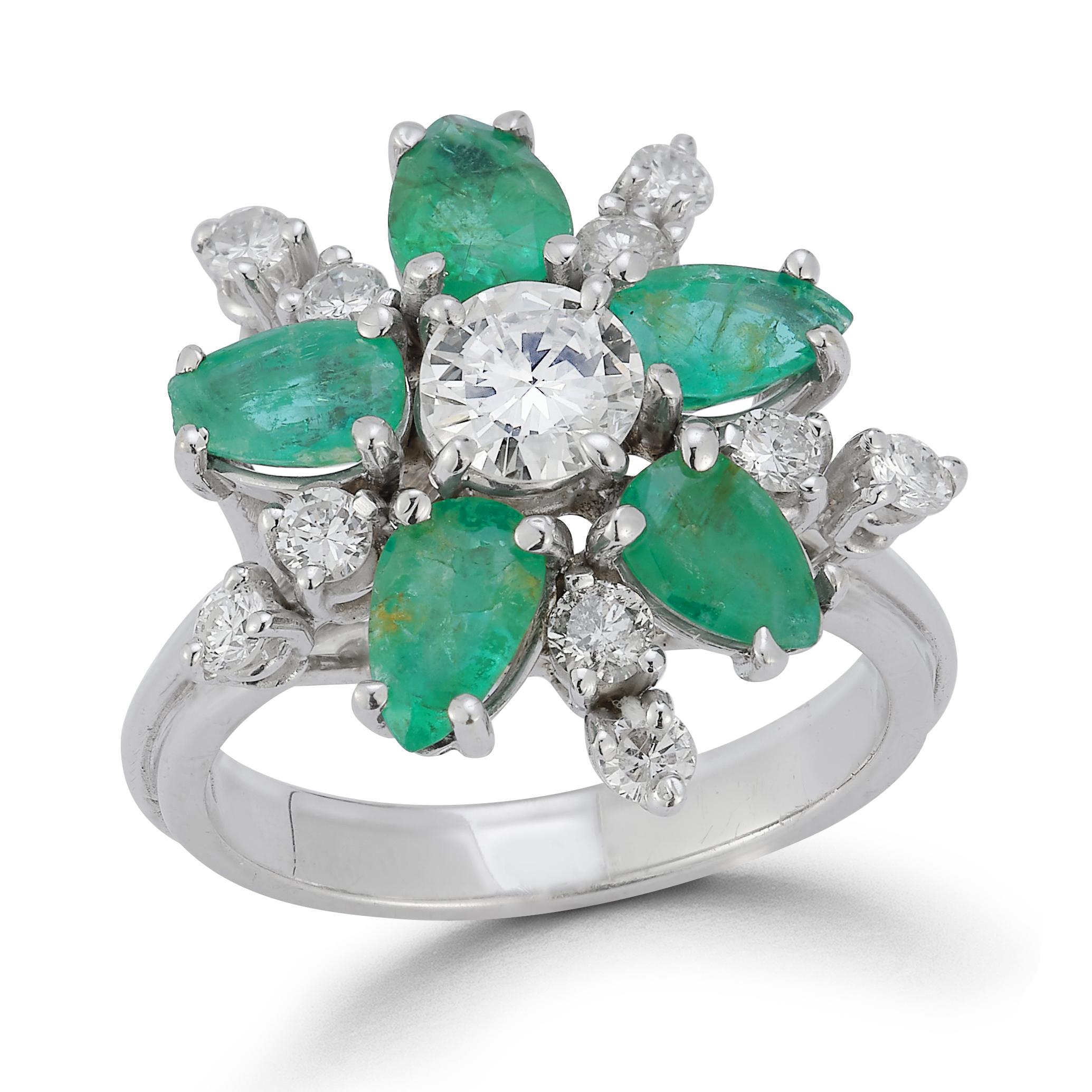 Round Cut Diamond & Emerald Flower Cocktail Ring  For Sale