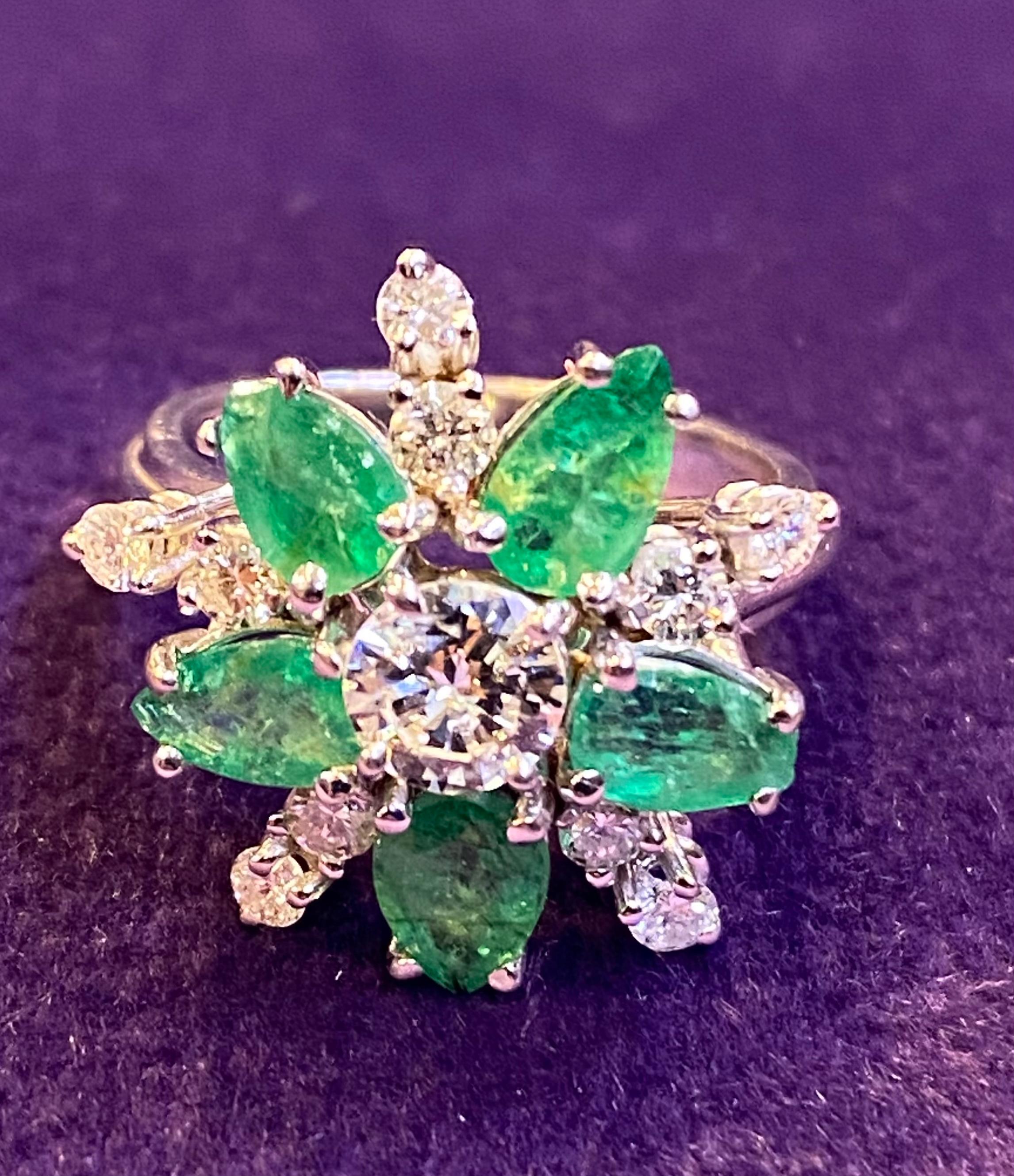 Diamond & Emerald Flower Cocktail Ring  In Excellent Condition For Sale In New York, NY