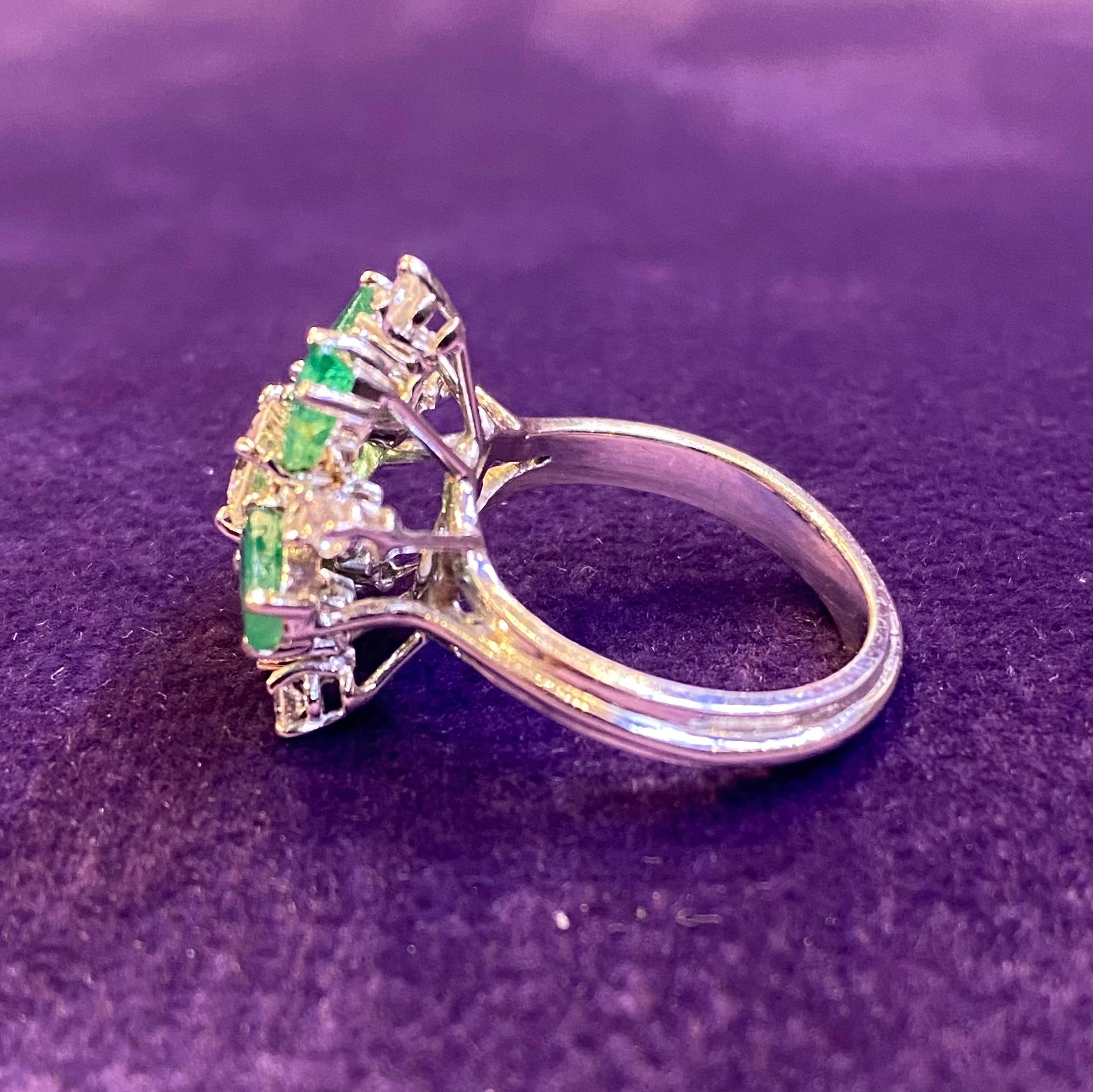 Women's Diamond & Emerald Flower Cocktail Ring  For Sale