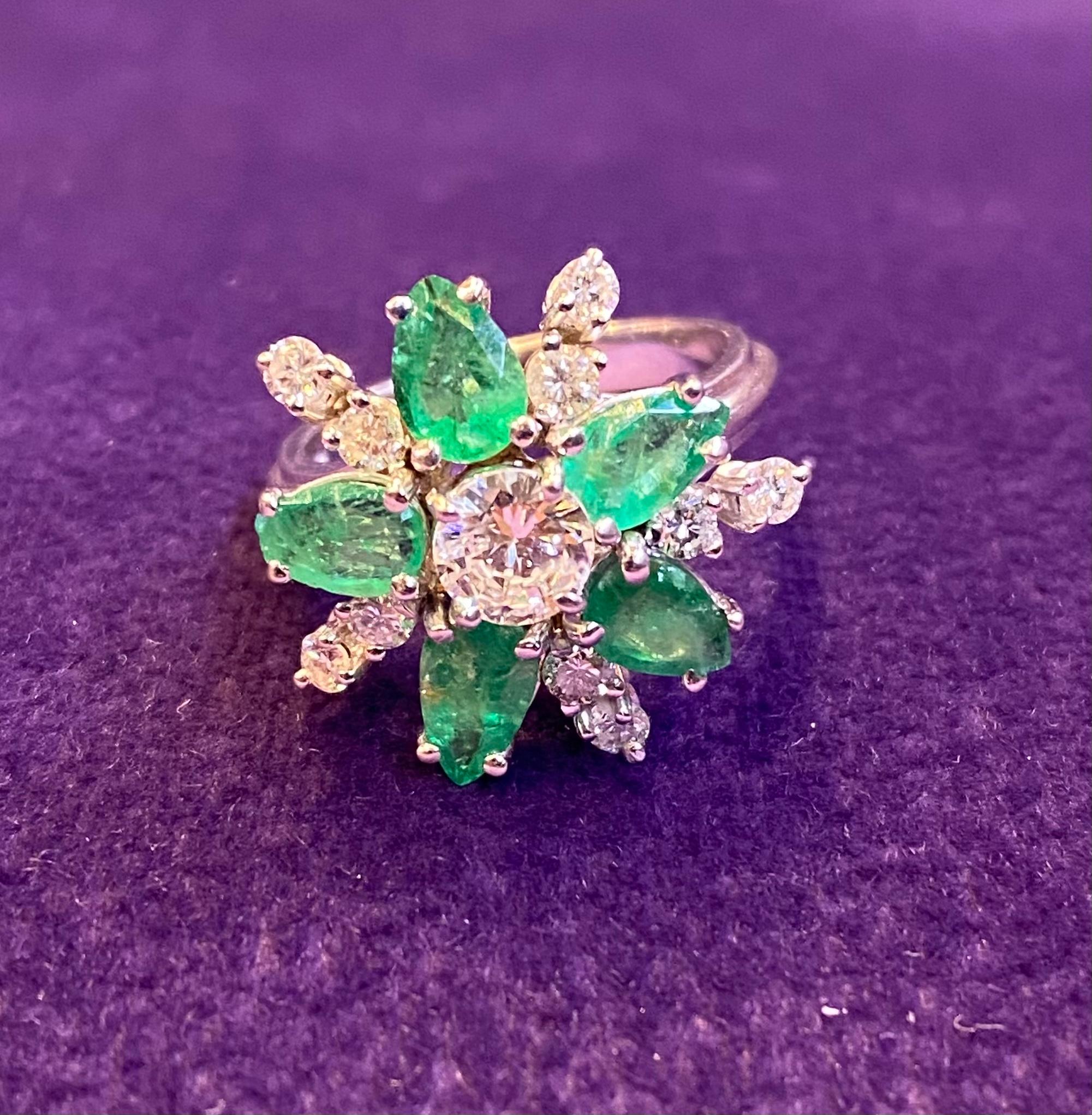 Diamond & Emerald Flower Cocktail Ring  For Sale 1