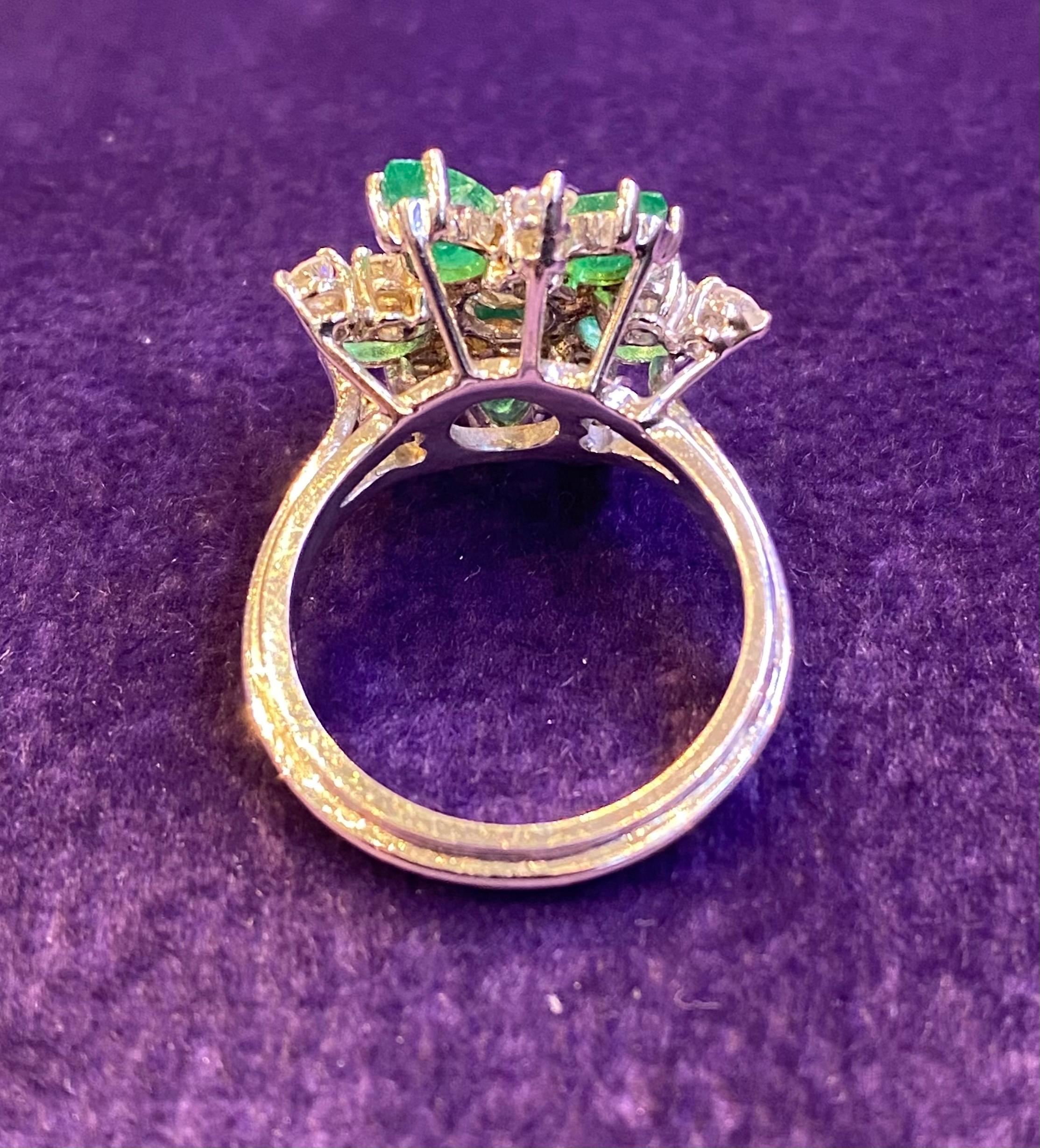 Diamond & Emerald Flower Cocktail Ring  For Sale 2