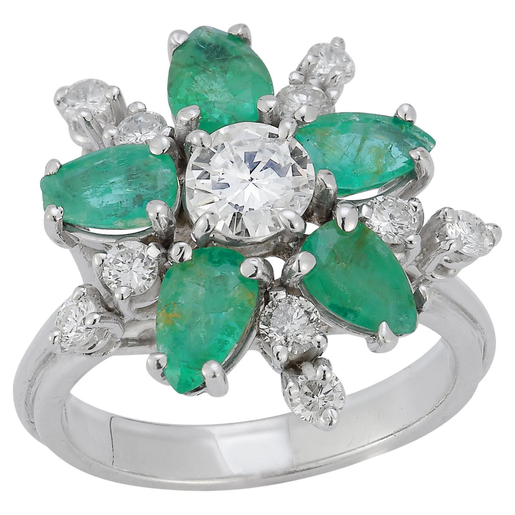 Diamond & Emerald Flower Cocktail Ring  For Sale