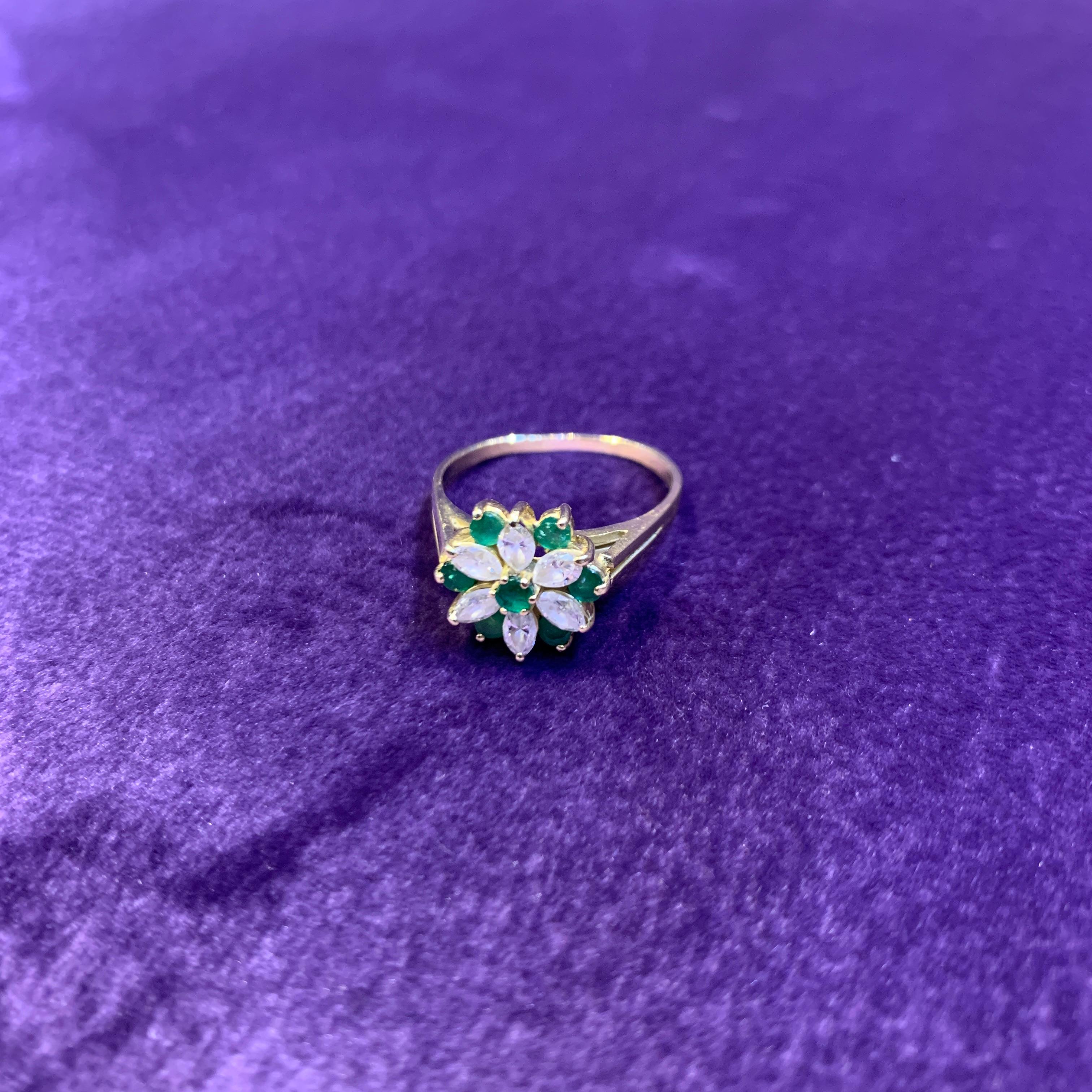 Marquise Cut Diamond & Emerald Flower Ring  For Sale