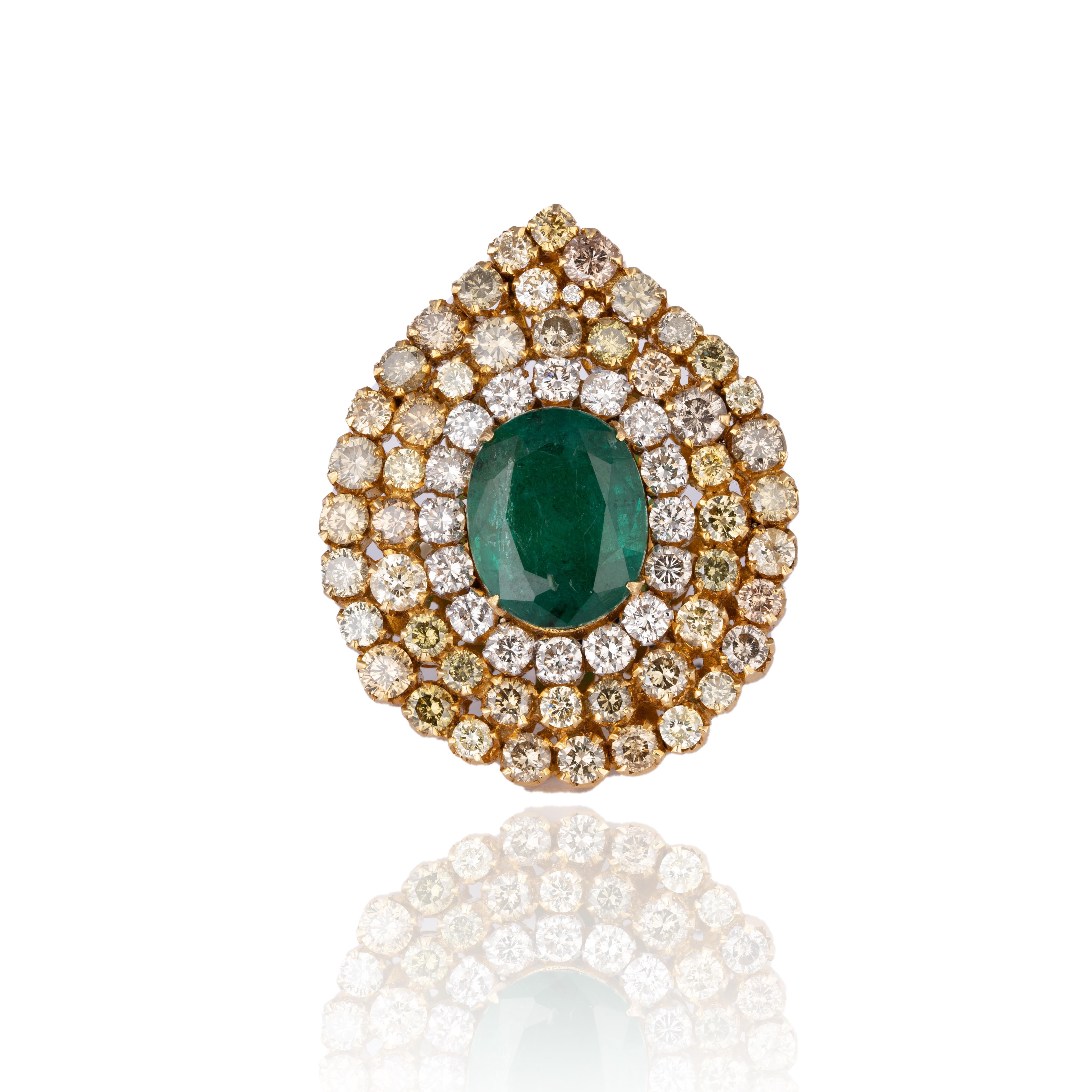 This is a natural ring with diamonds and 18k gold. The emeralds are very high quality and very good quality diamonds the clarity is vsi and G colour


diamonds : 5.64 cts
emerald : 7.47cts
gold :16.308 gms

This is a Brand new Piece

. Its very hard