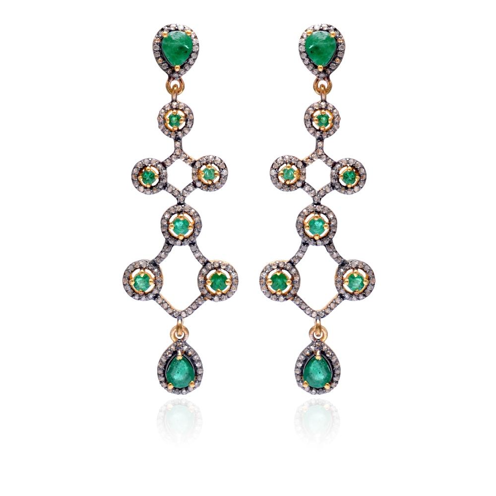 Women's Diamond Emerald Gold and 925 sterling Silver Earring