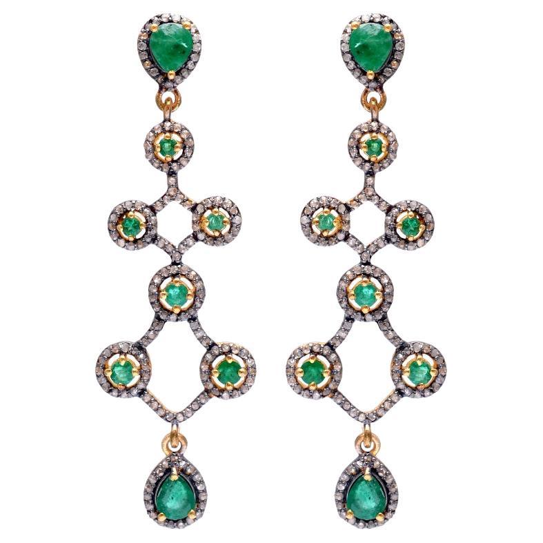 Diamond Emerald Gold and 925 sterling Silver Earring