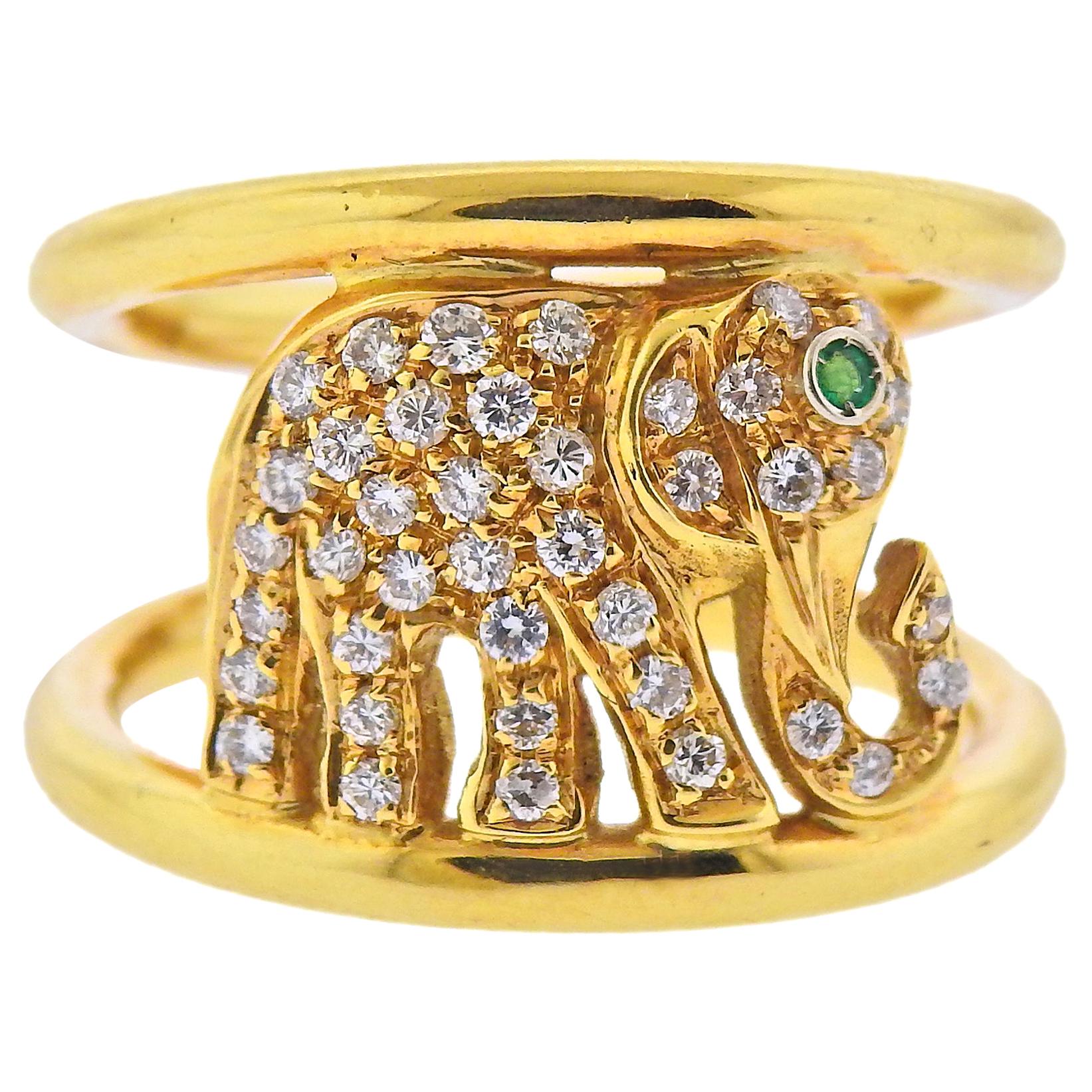 Diamond Emerald Gold Elephant Band Ring For Sale