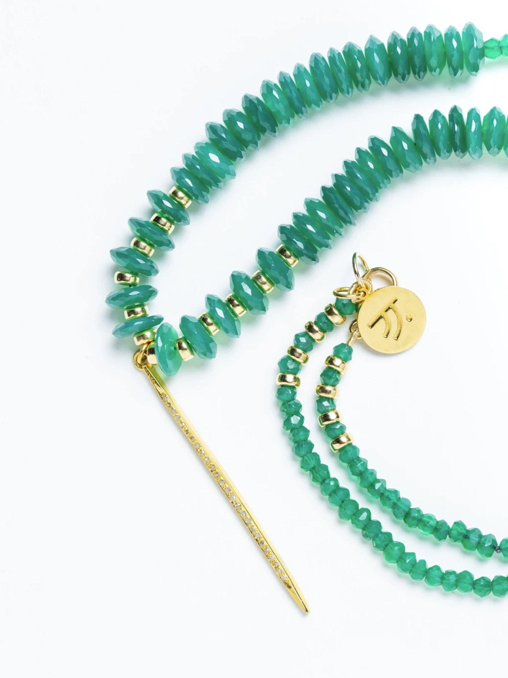 Story Behind The Necklace:
Emerald green is always a popular color year round and this necklace could not be a more stunning rich green necklace.  The quality and cut of the stones make for a spectacular statement necklace.

Properties:
Green onyx