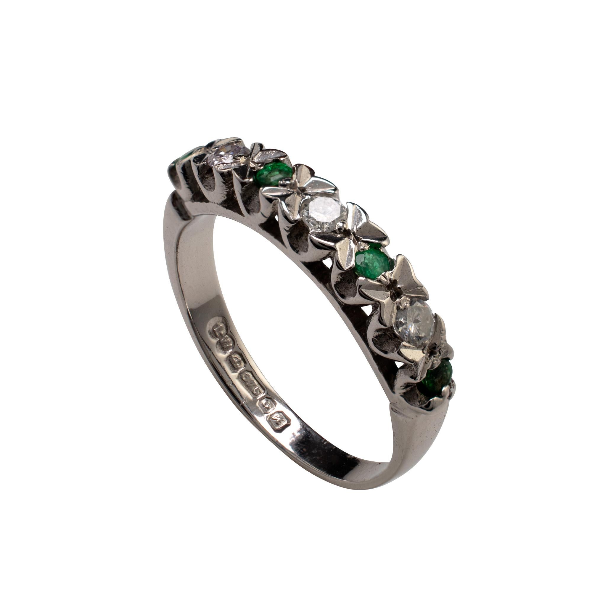 Modern Diamond and Emerald Half Hoop Eternity Ring, White Gold Band For Sale