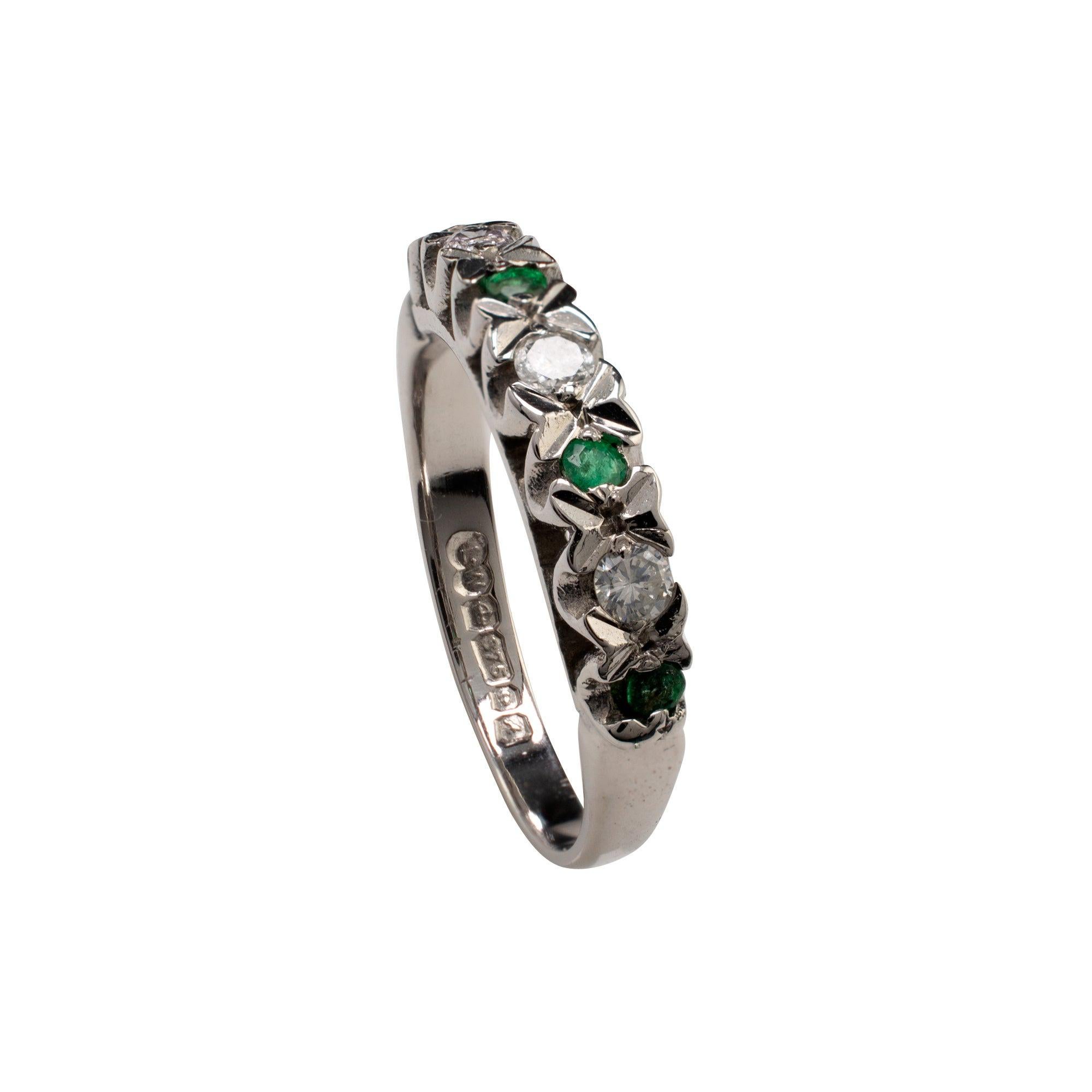 Diamond and Emerald Half Hoop Eternity Ring, White Gold Band For Sale