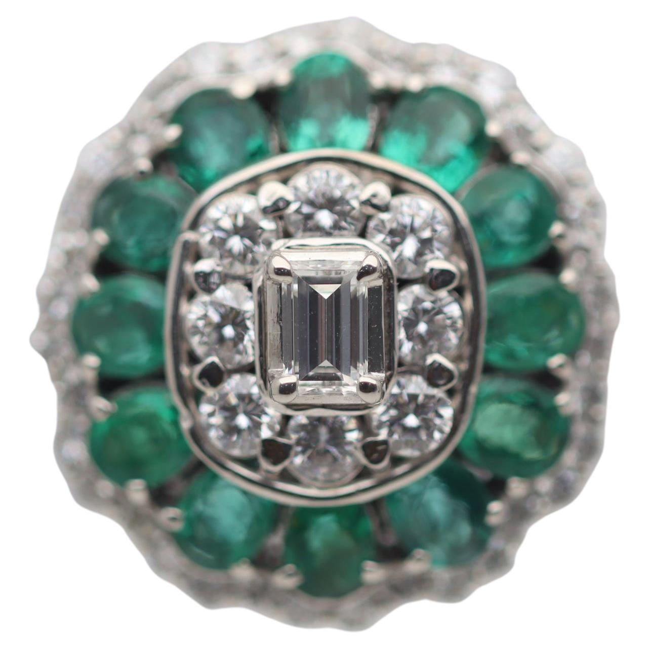 Diamond Emerald-Halo Floral Platinum Ring