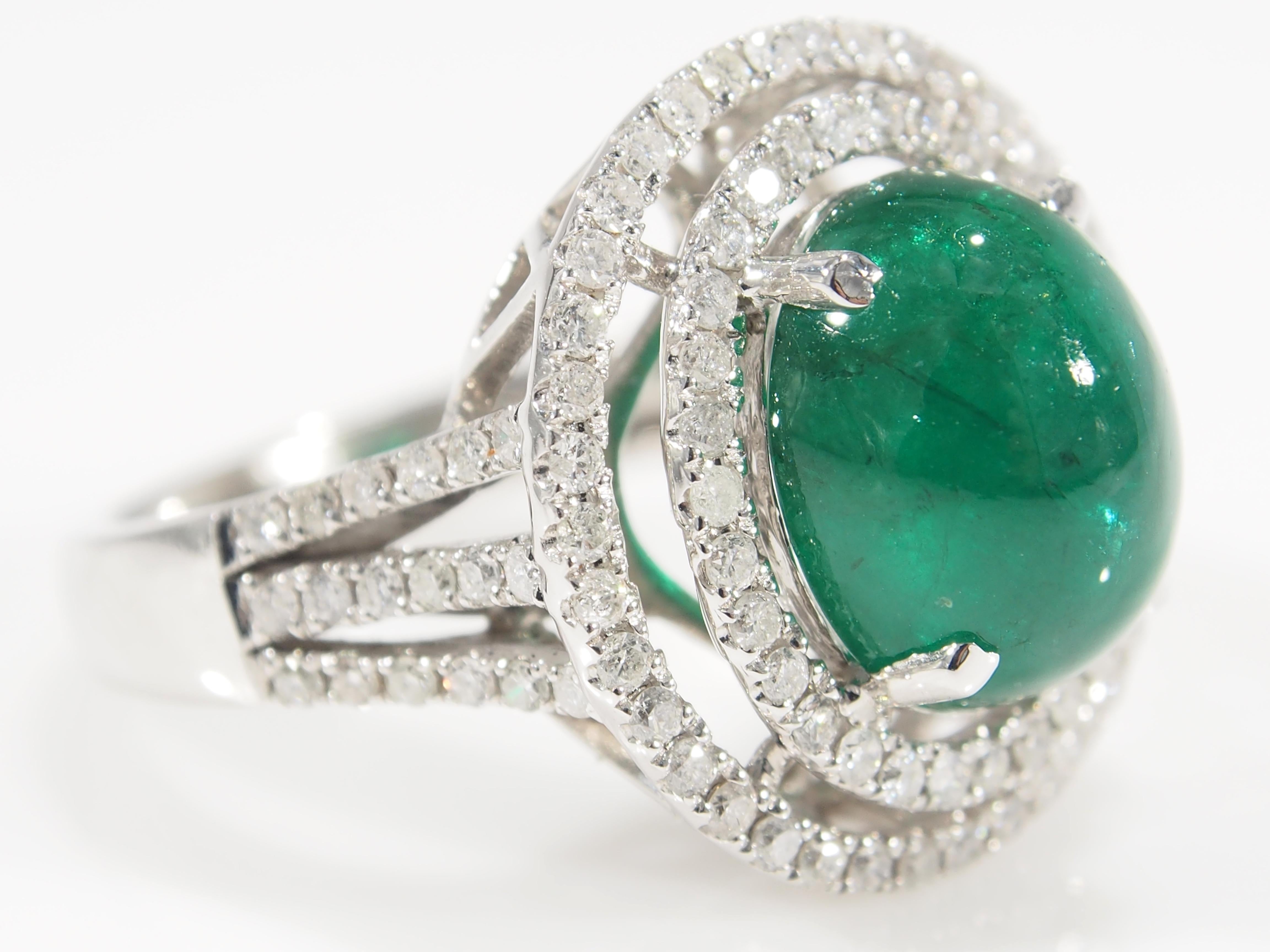Modern Diamond Emerald Halo Ring Large Cabochon 6.10 Carat 14 Karat White Gold