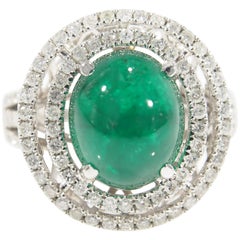 Diamond Emerald Halo Ring Large Cabochon 6.10 Carat 14 Karat White Gold