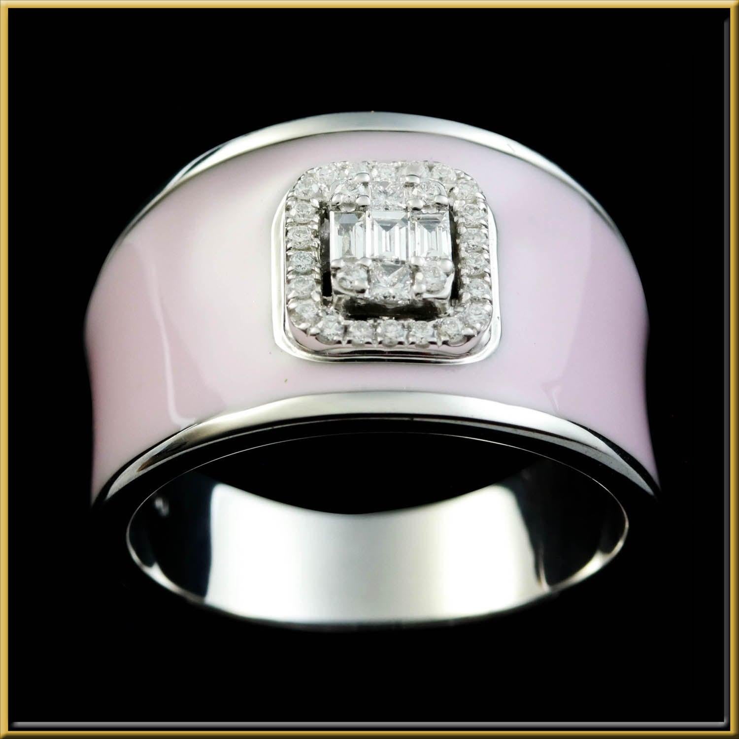 For Sale:  Diamond Emerald Illusion Fashion Ring with Pink Enamel in 18 Karat Gold 2