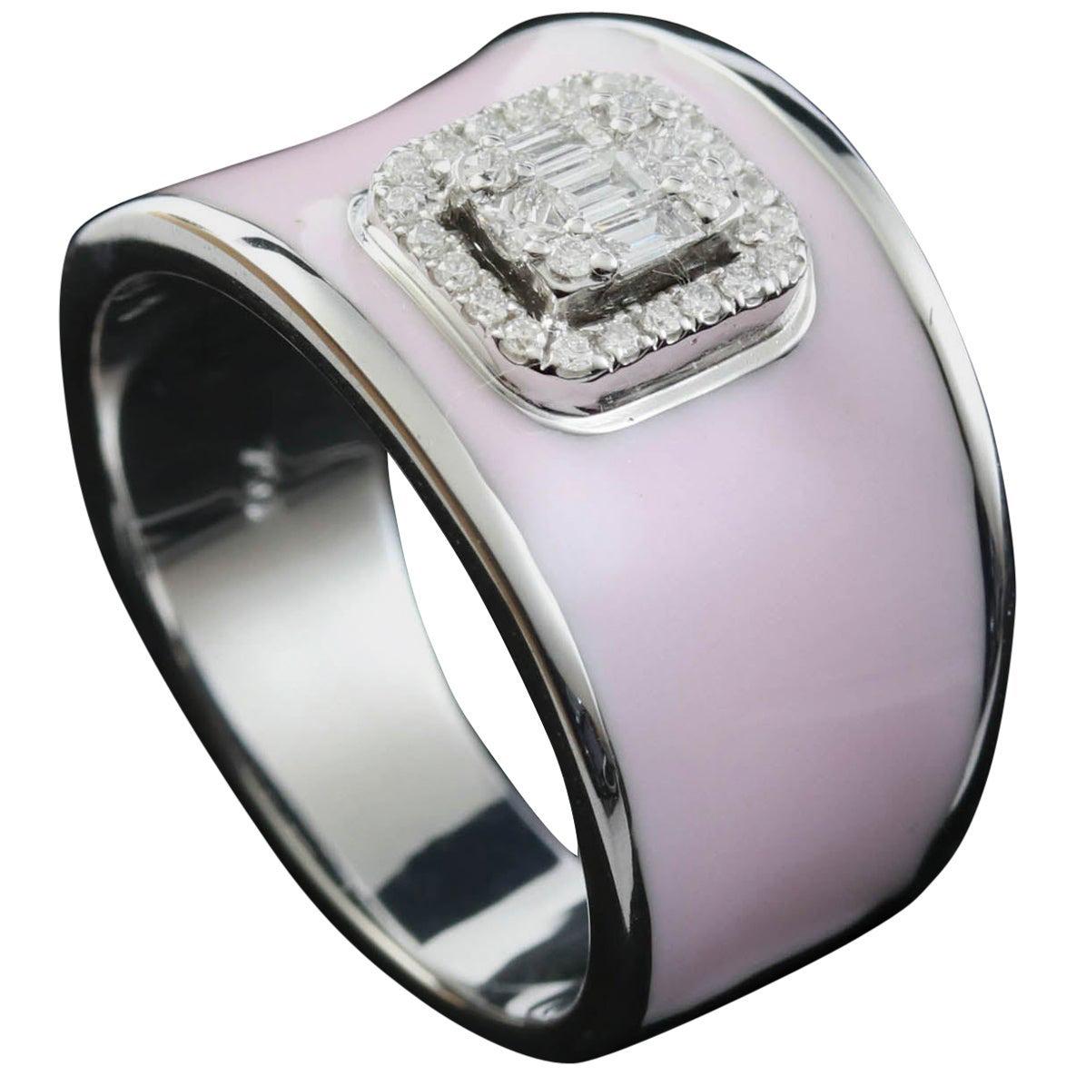 For Sale:  Diamond Emerald Illusion Fashion Ring with Pink Enamel in 18 Karat Gold