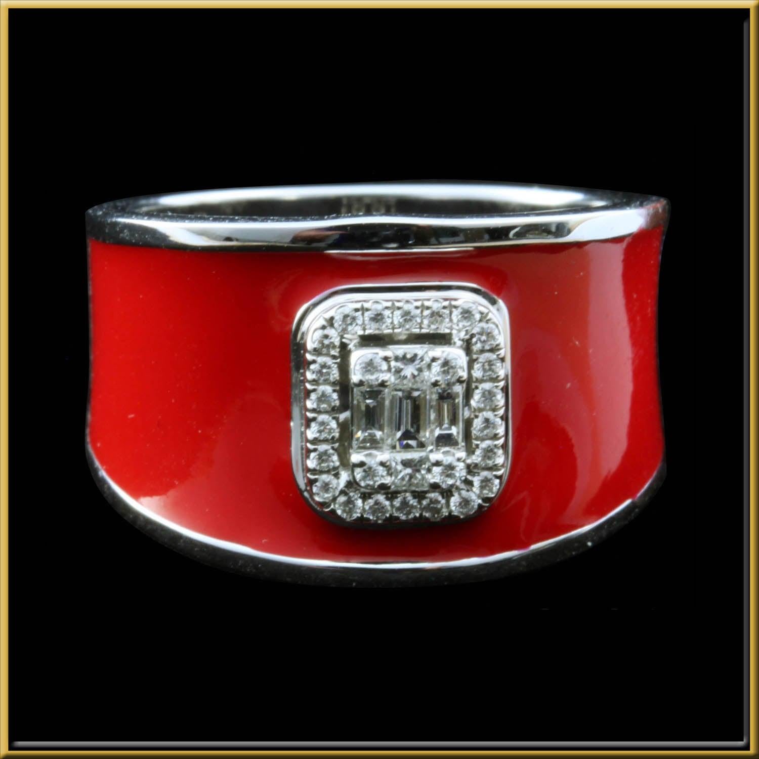 For Sale:  Diamond Emerald Illusion Fashion Ring with Red Enamel in 18 Karat Gold 2