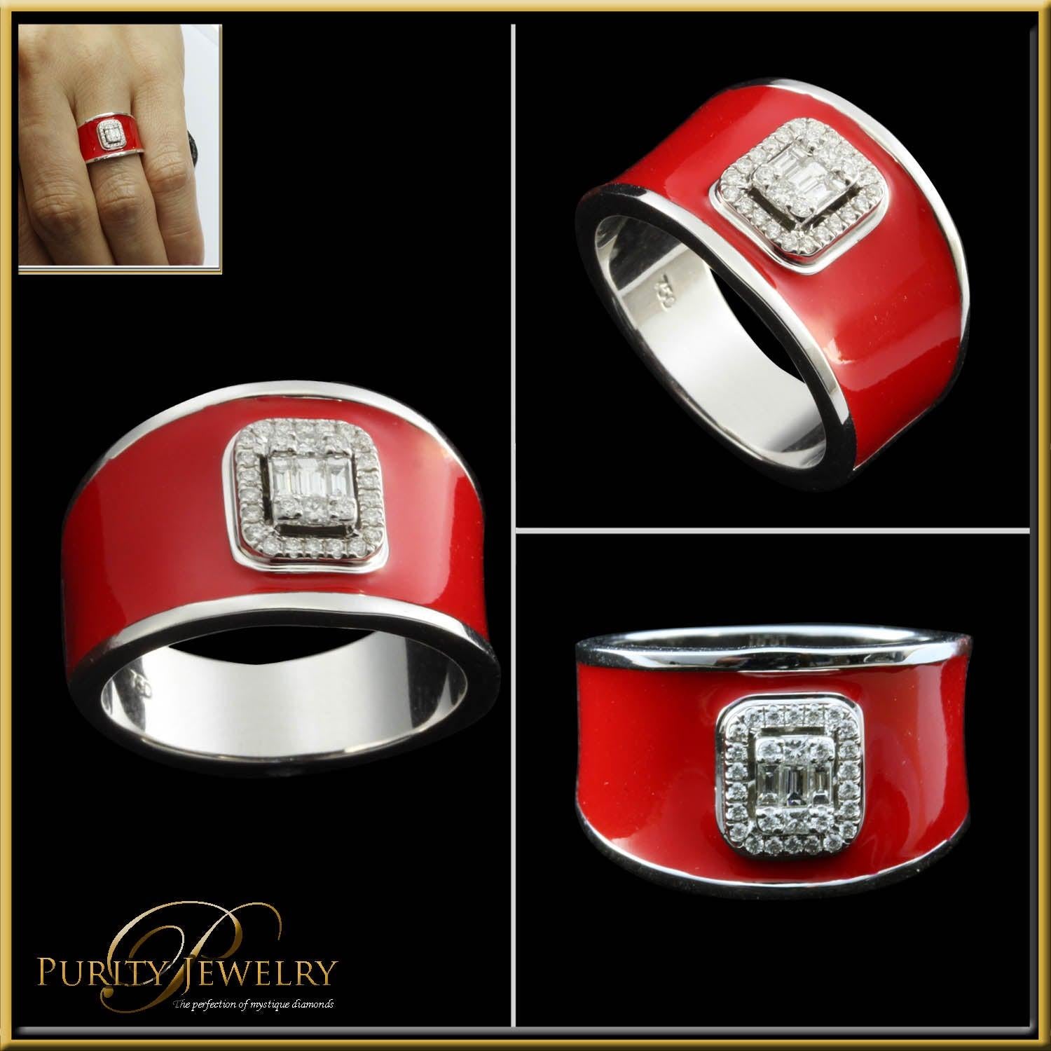 For Sale:  Diamond Emerald Illusion Fashion Ring with Red Enamel in 18 Karat Gold 4