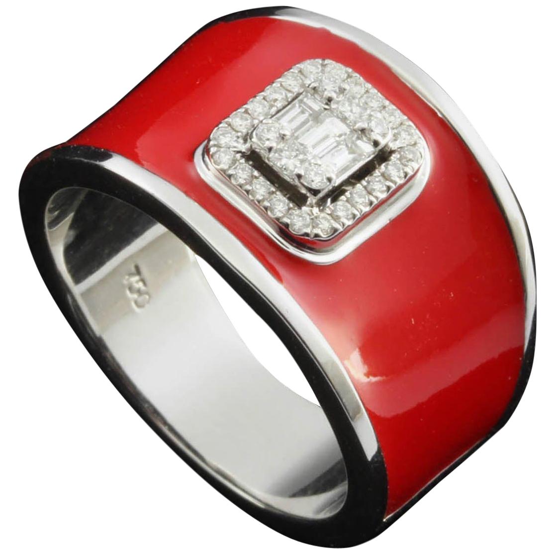 For Sale:  Diamond Emerald Illusion Fashion Ring with Red Enamel in 18 Karat Gold