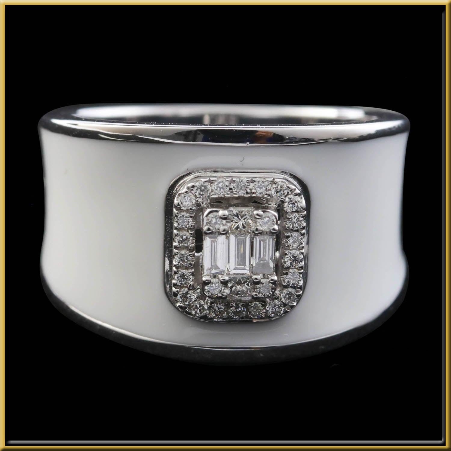 For Sale:  Diamond Emerald Illusion Fashion Ring with White Enamel in 18 Karat Gold 3