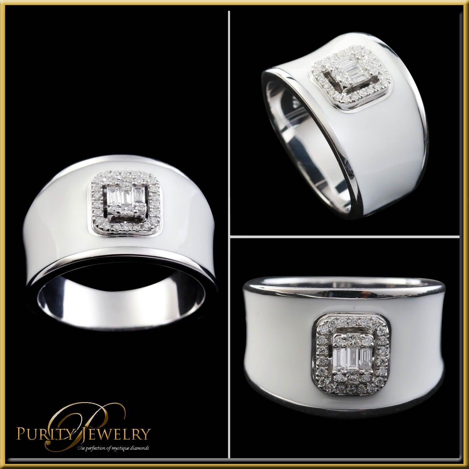 For Sale:  Diamond Emerald Illusion Fashion Ring with White Enamel in 18 Karat Gold 4