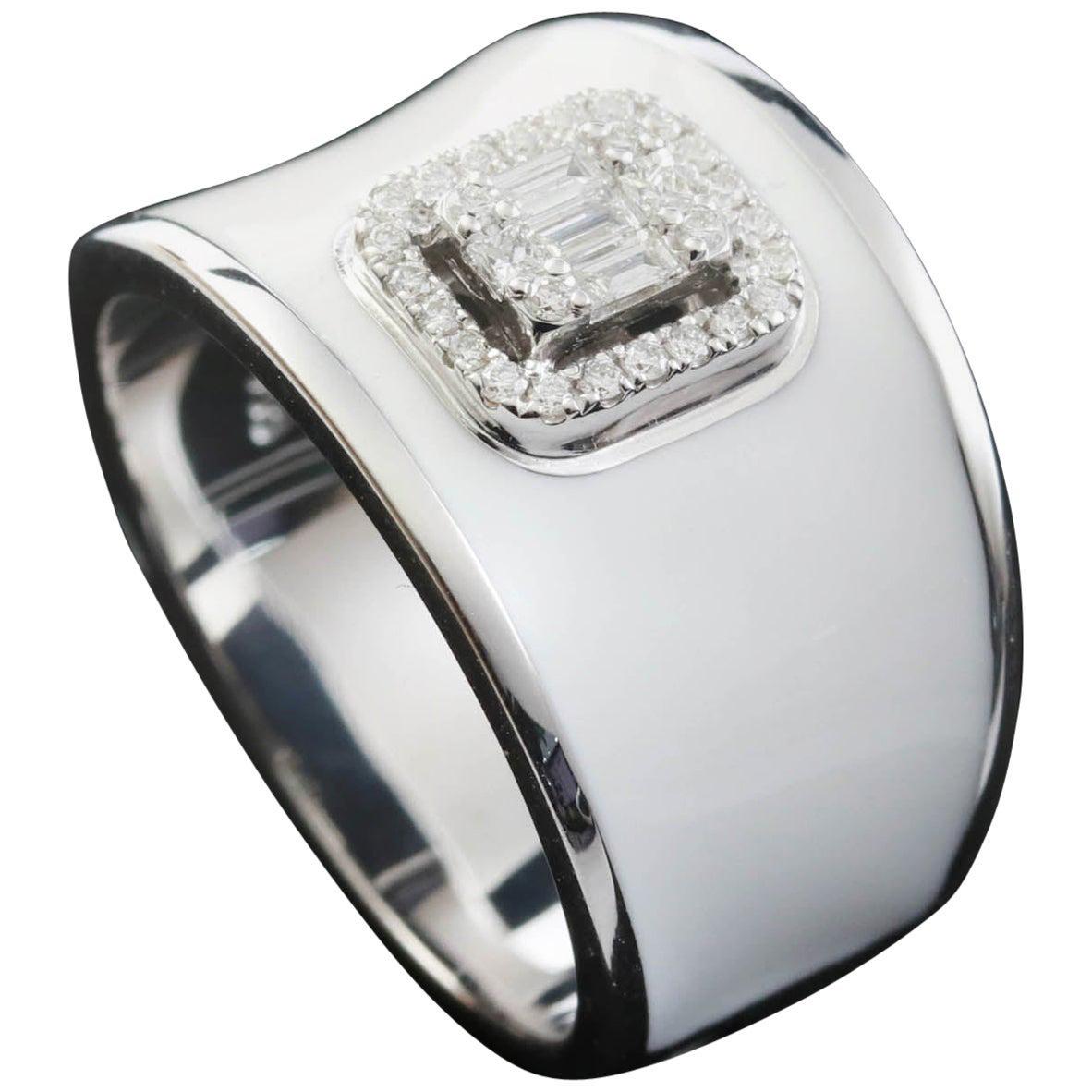 For Sale:  Diamond Emerald Illusion Fashion Ring with White Enamel in 18 Karat Gold