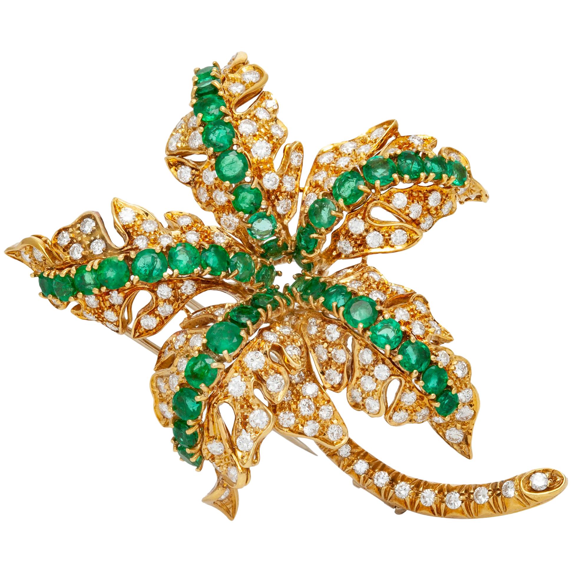 Diamond Emerald Leaf Brooch For Sale