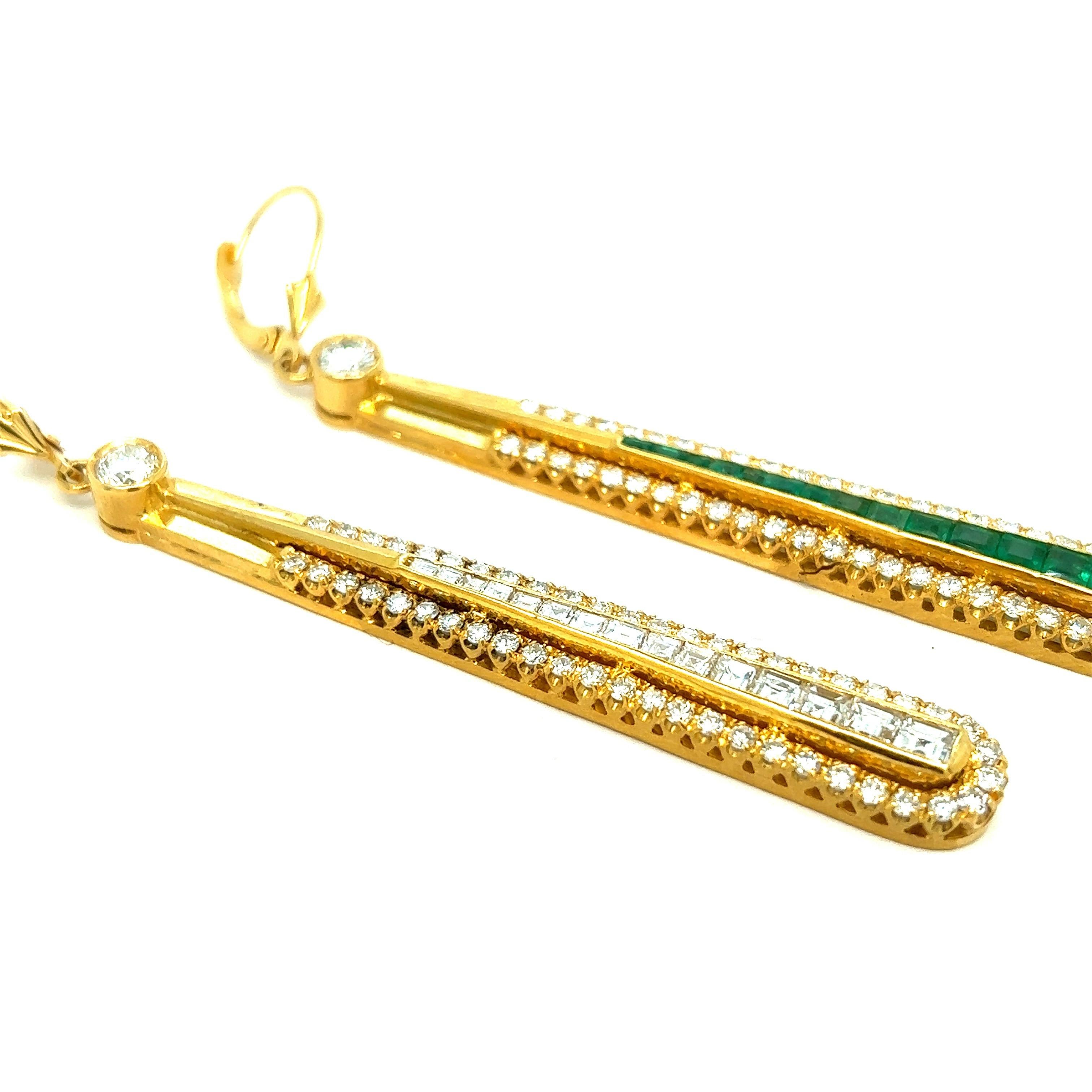 Mixed Cut Diamond Emerald Long Drop Earrings For Sale