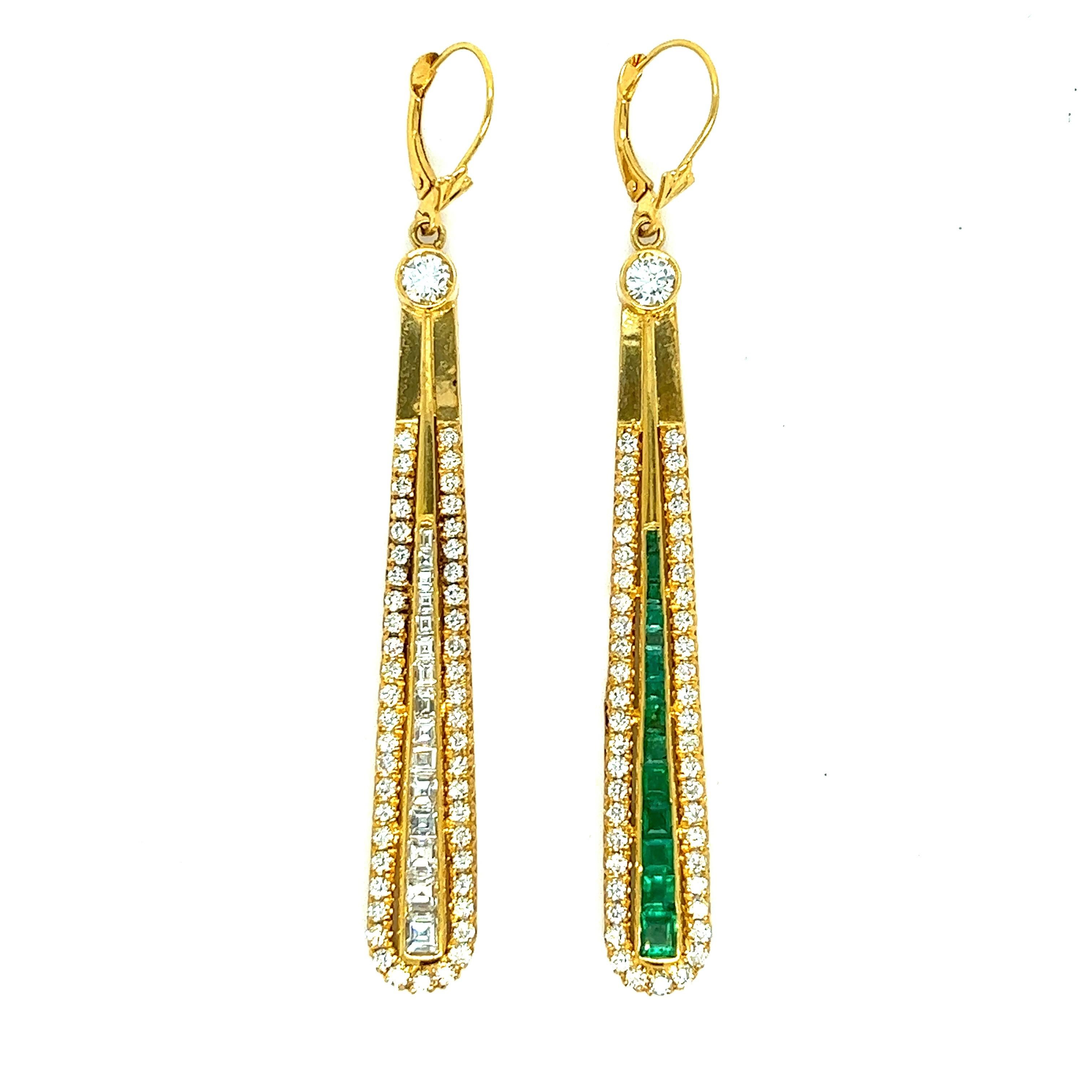 Diamond Emerald Long Drop Earrings For Sale 1