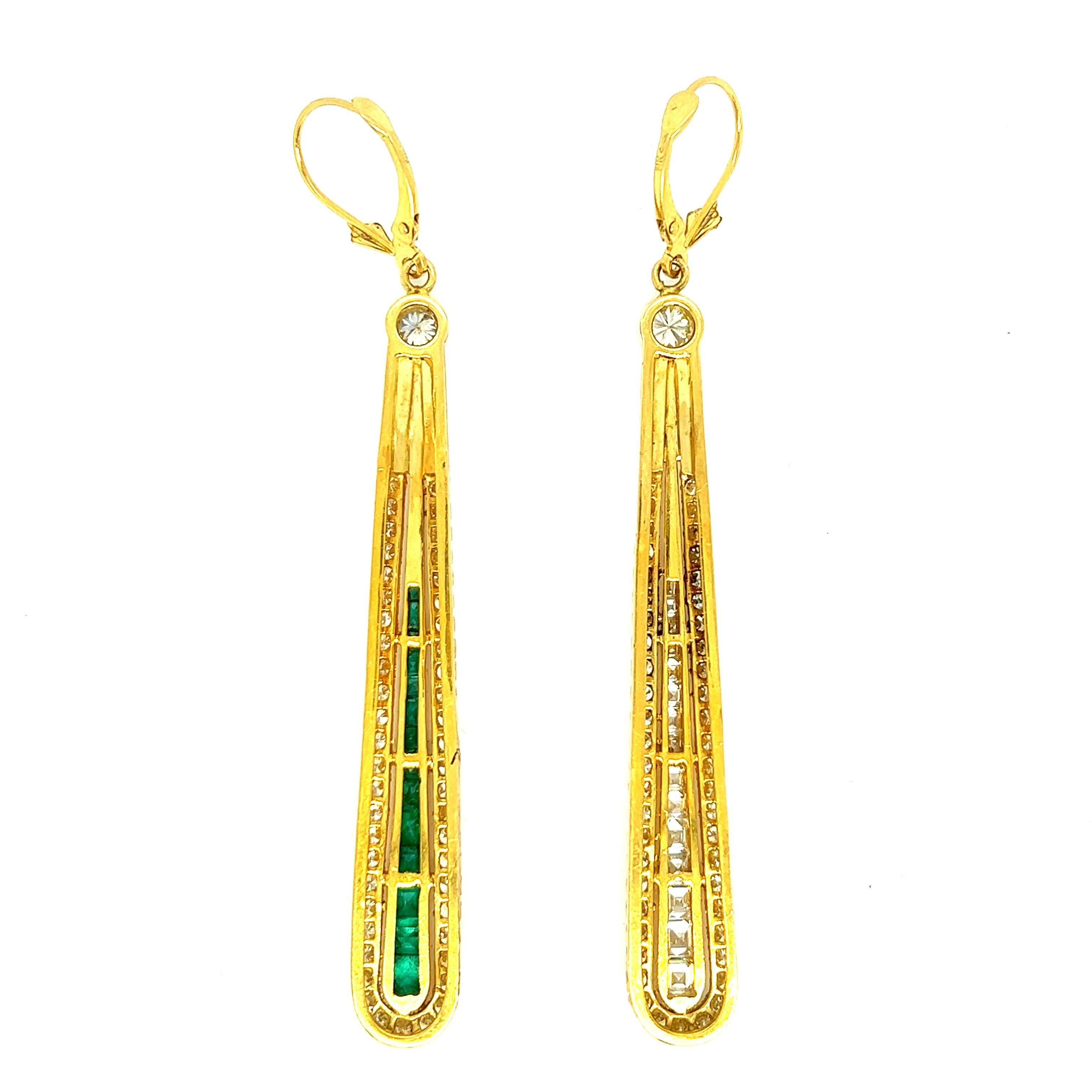 Diamond Emerald Long Drop Earrings For Sale 2