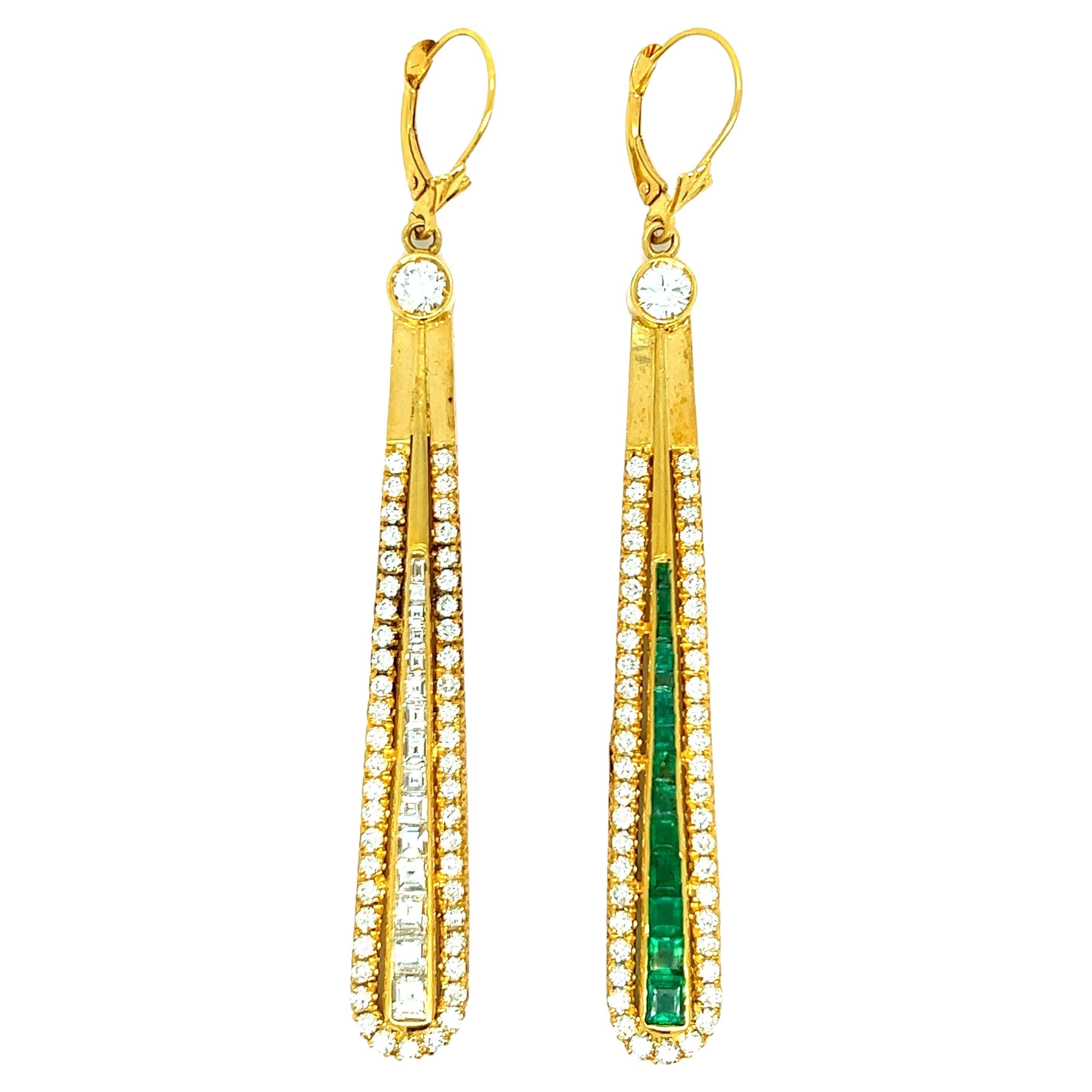 Diamond Emerald Long Drop Earrings For Sale