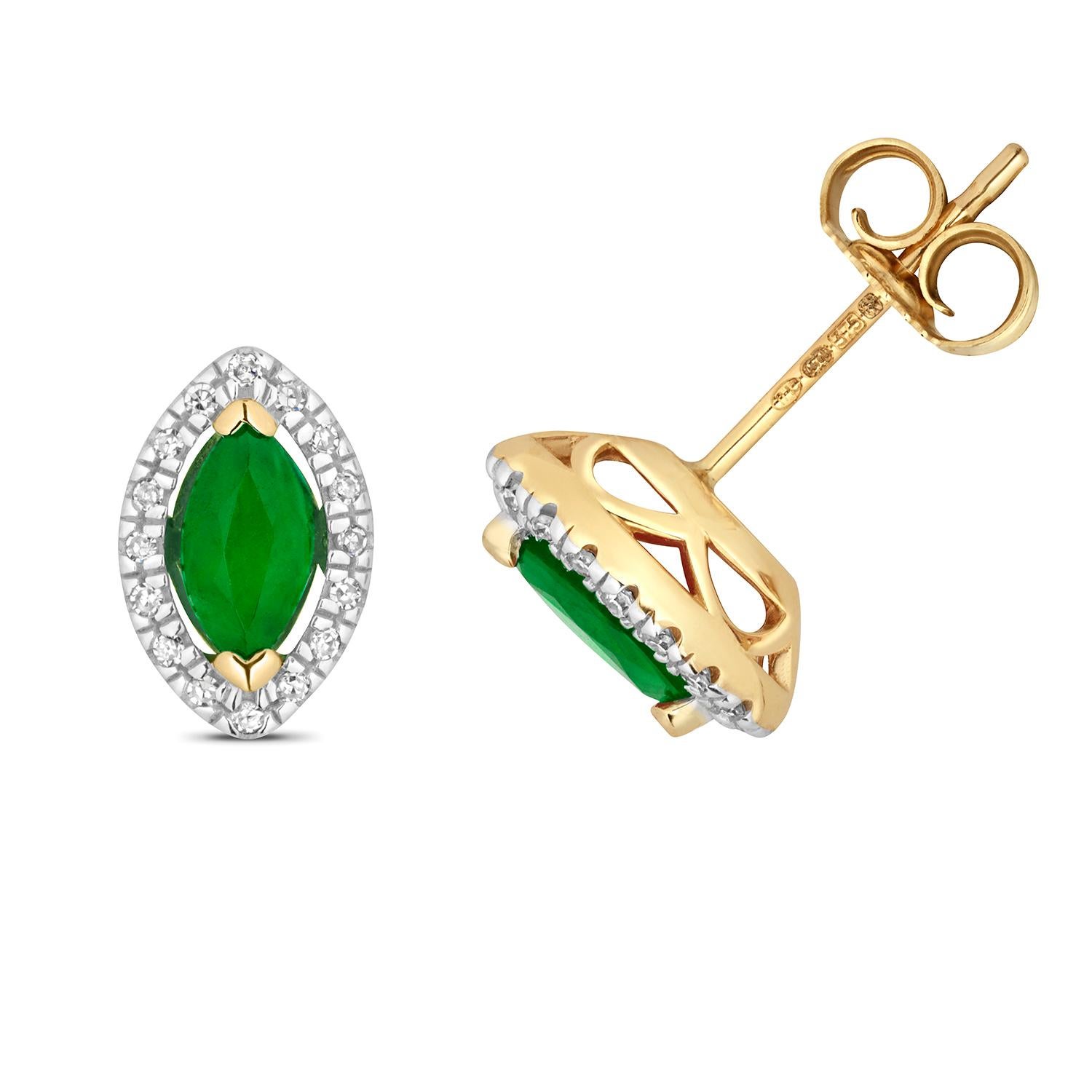 DIAMOND & EMERALD MARQUISE HALO STUDS IN 9CT Gold In New Condition For Sale In Ilford, GB