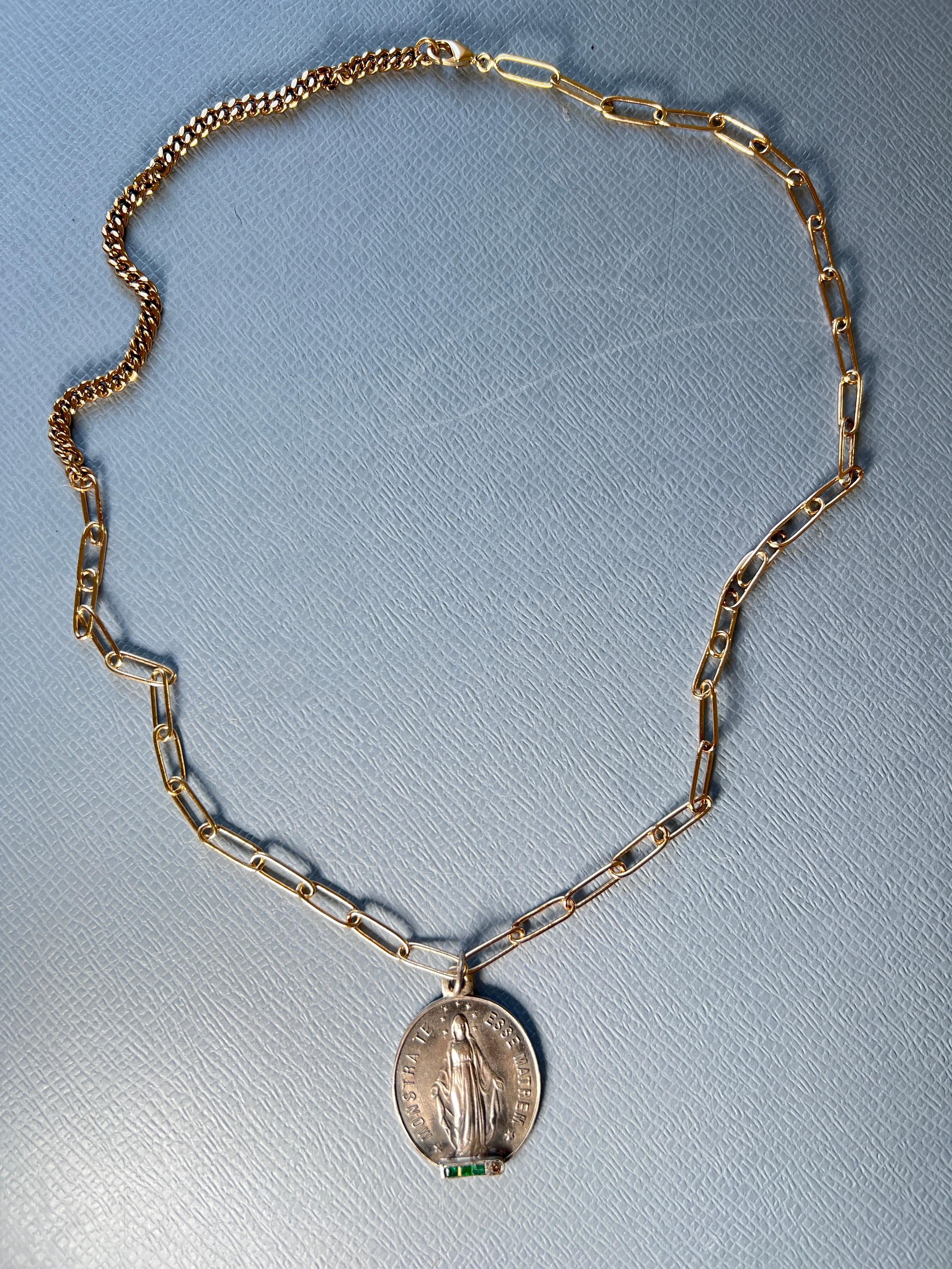 Diamond Emerald Miraculous Medal Virgin Mary Silver Necklace For Sale 5