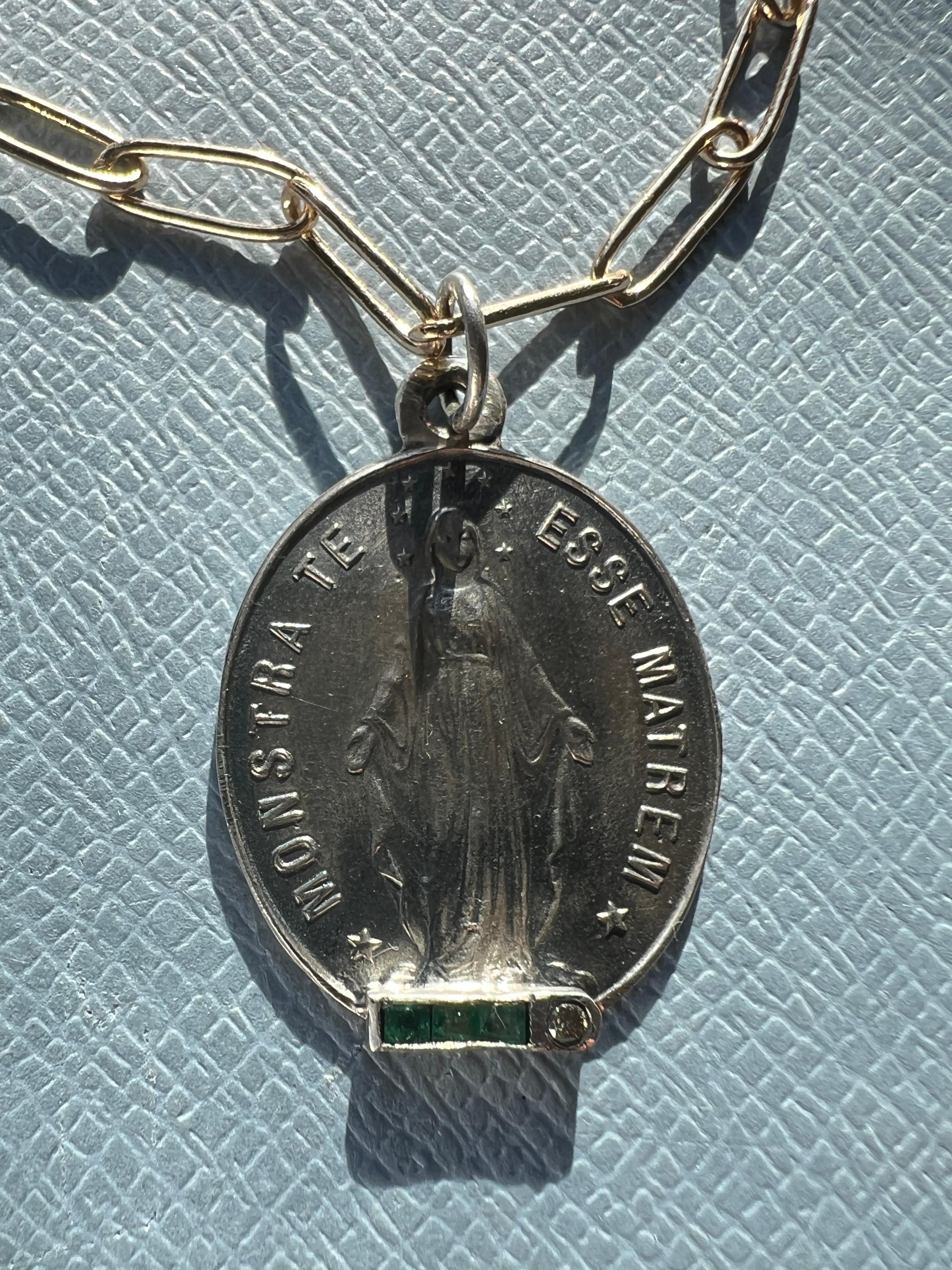Early Victorian Diamond Emerald Miraculous Medal Virgin Mary Silver Necklace For Sale