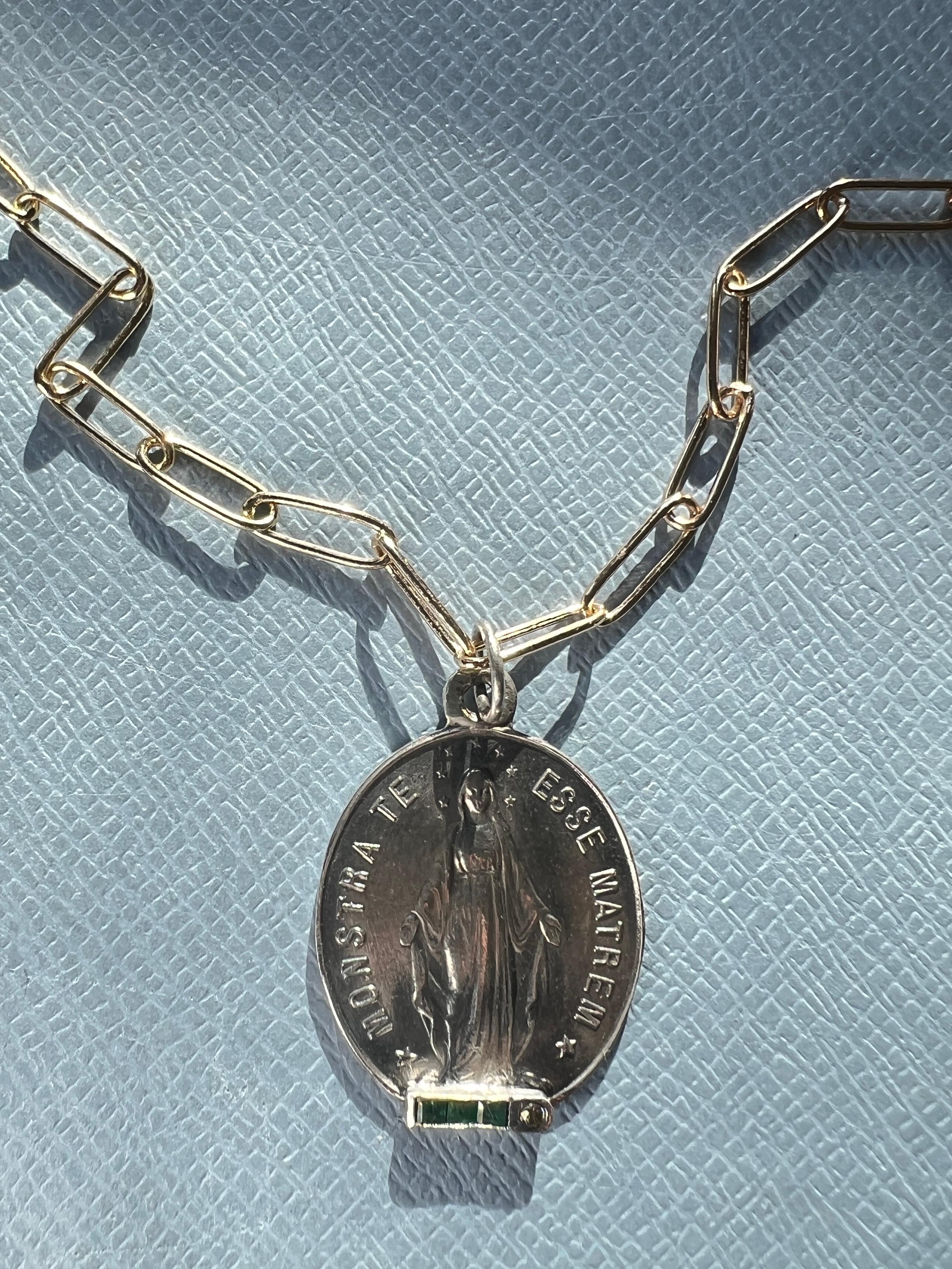 Brilliant Cut Diamond Emerald Miraculous Medal Virgin Mary Silver Necklace For Sale