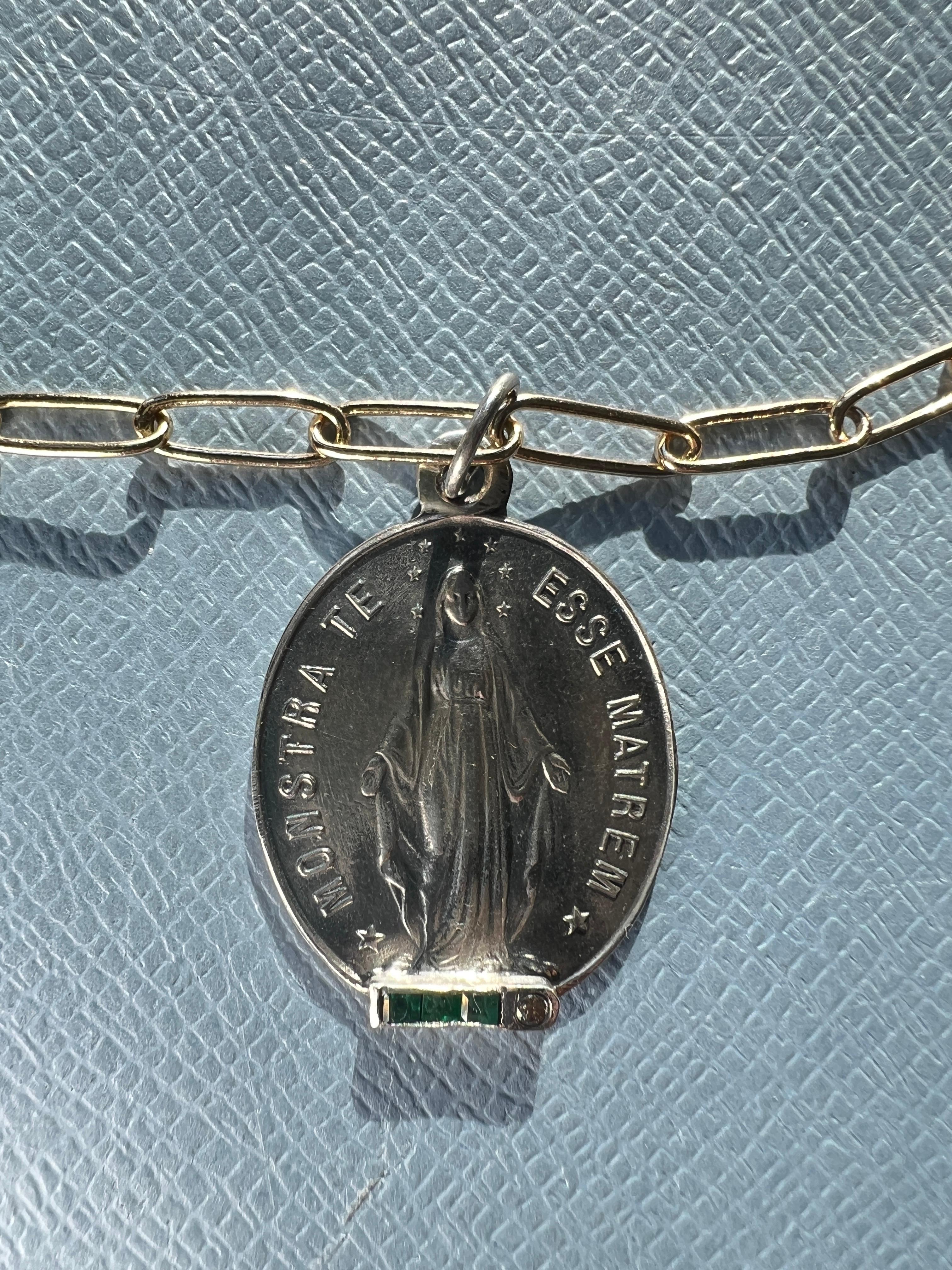 Women's Diamond Emerald Miraculous Medal Virgin Mary Silver Necklace For Sale