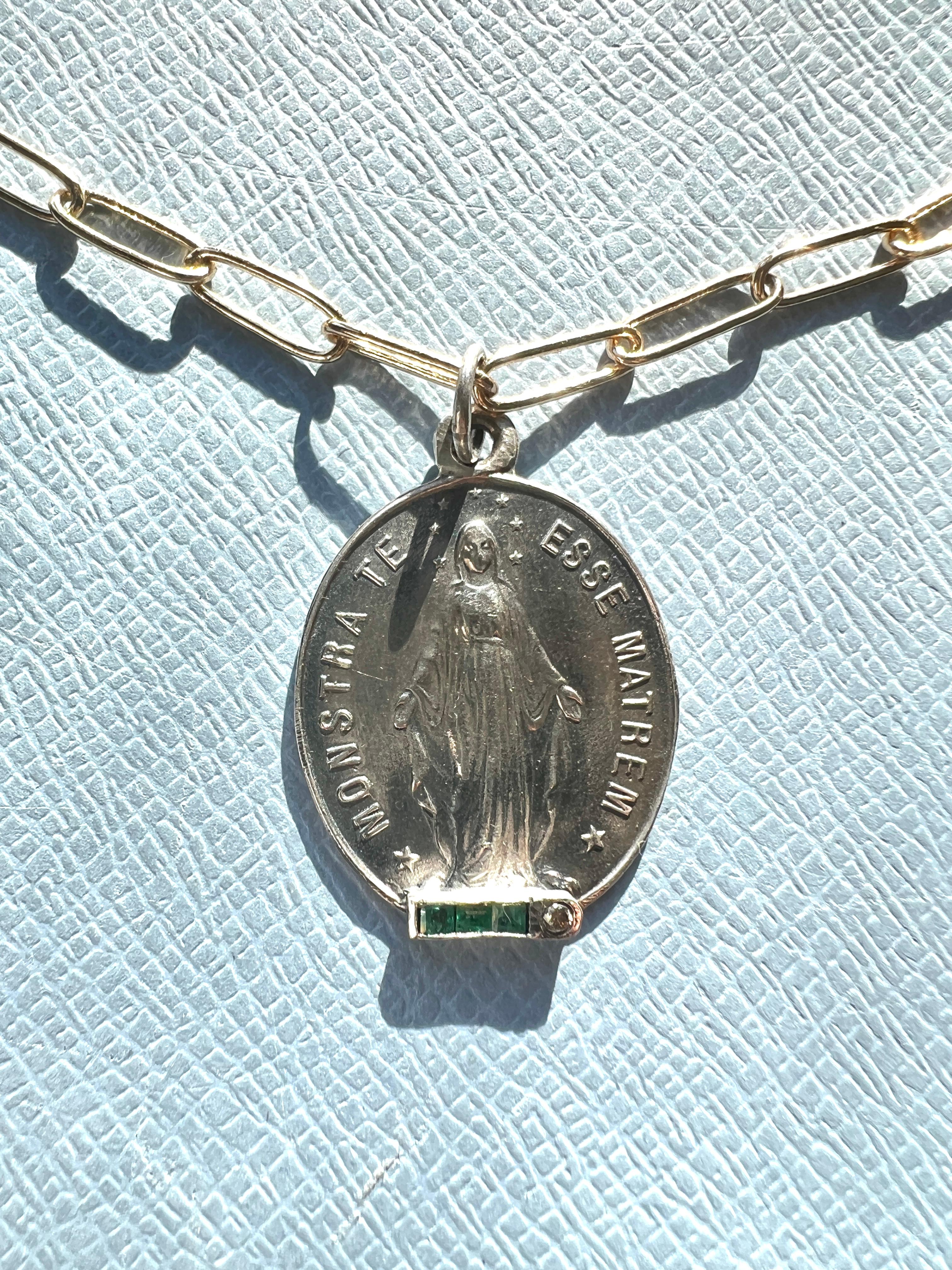 Diamond Emerald Miraculous Medal Virgin Mary Silver Necklace For Sale 1