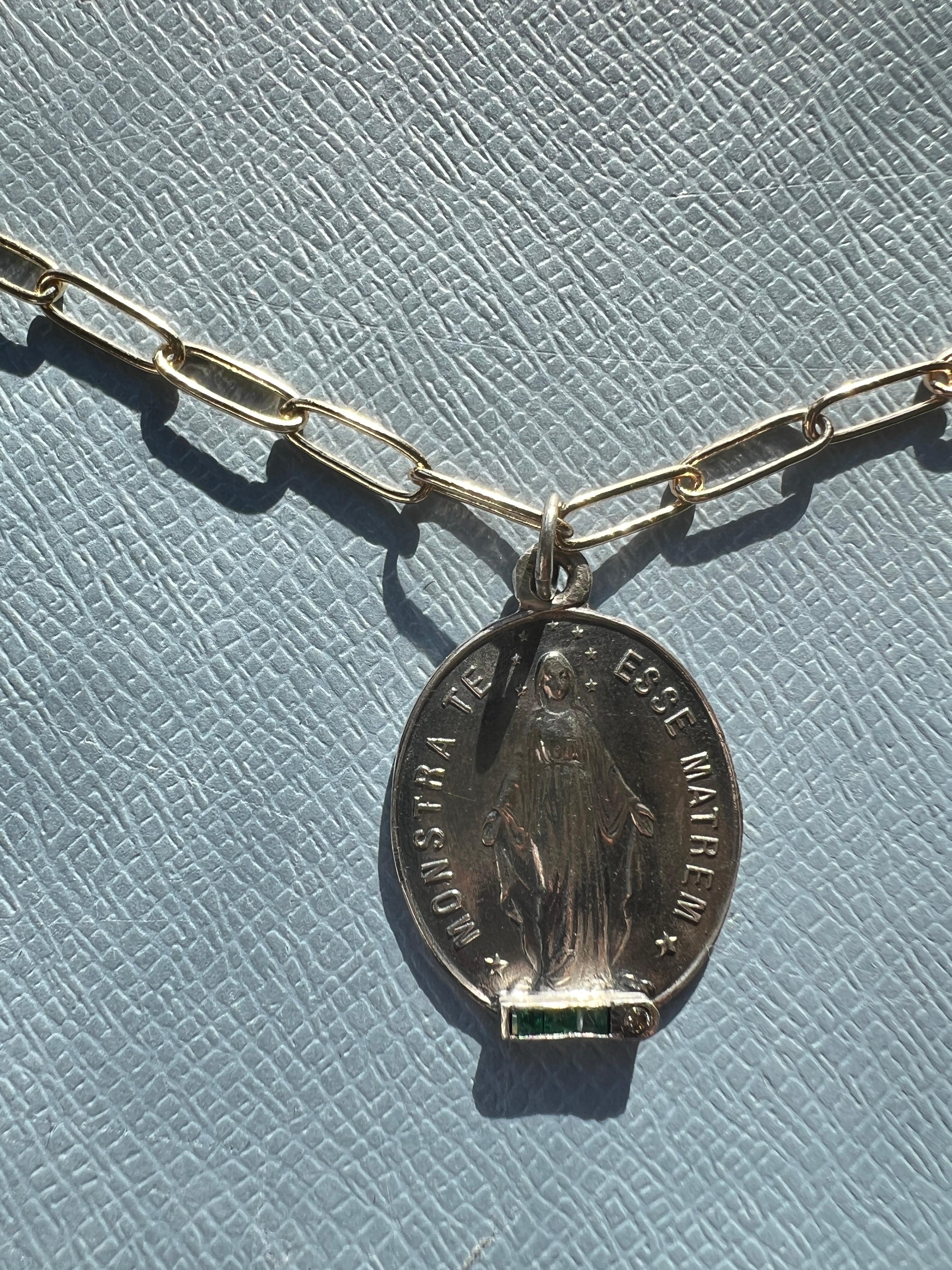 Diamond Emerald Miraculous Medal Virgin Mary Silver Necklace For Sale 2
