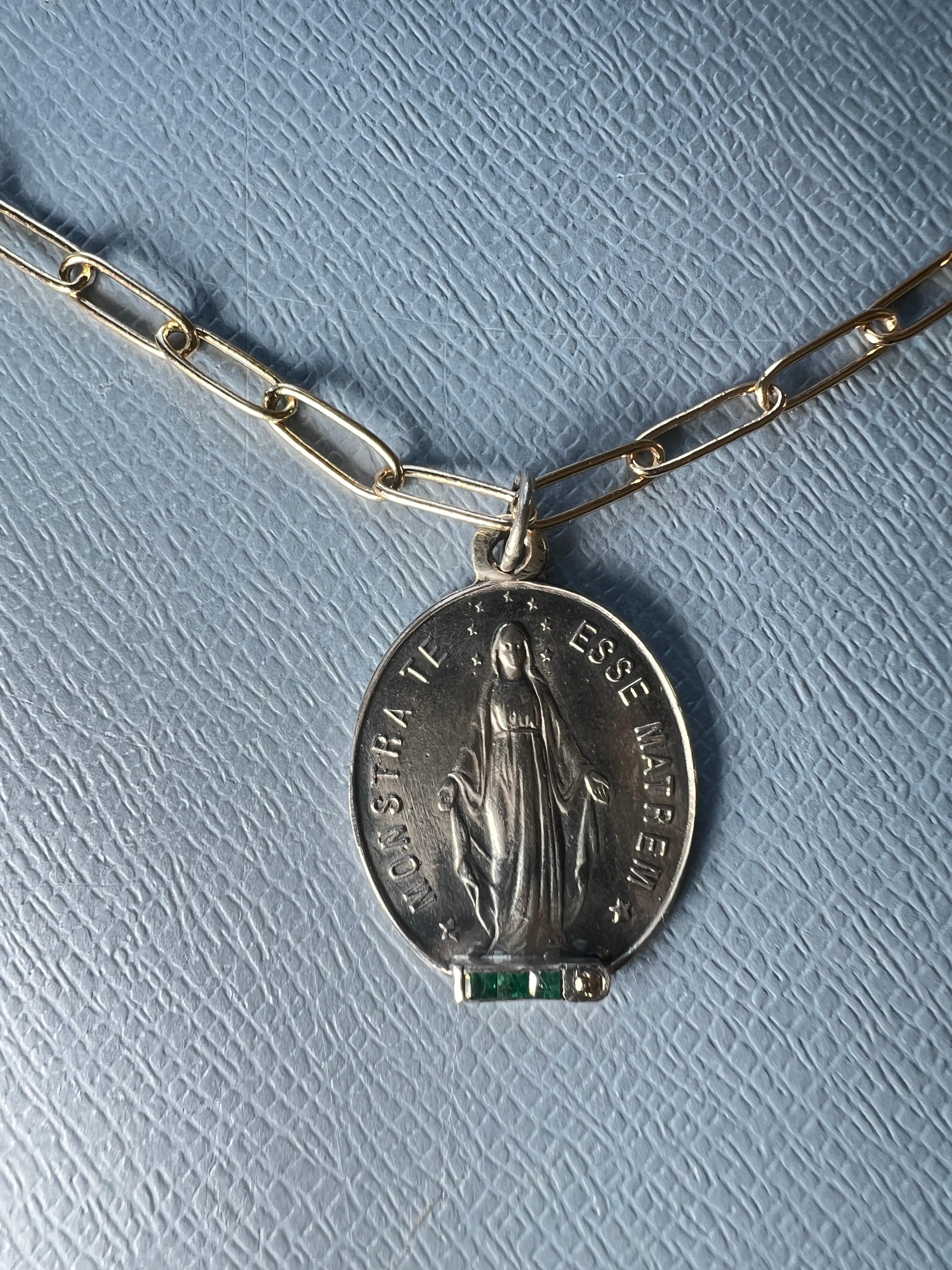Diamond Emerald Miraculous Medal Virgin Mary Silver Necklace For Sale 3