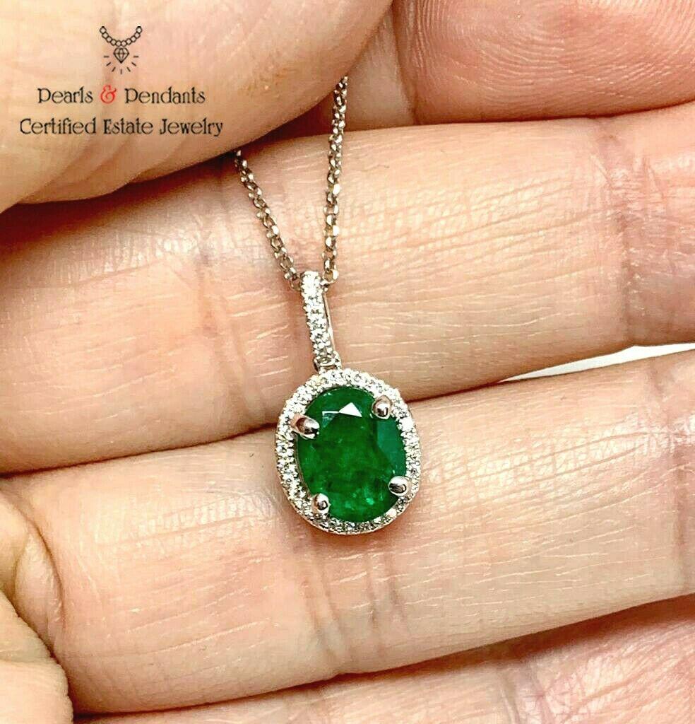 Round Cut Diamond Emerald Necklace 18k White Gold 1.43 TCW Italy Certified