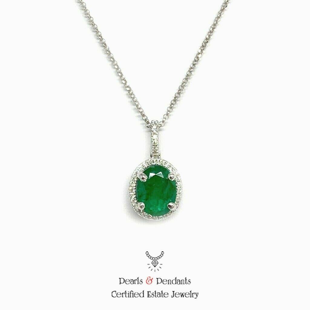 Women's Diamond Emerald Necklace 18k White Gold 1.43 TCW Italy Certified