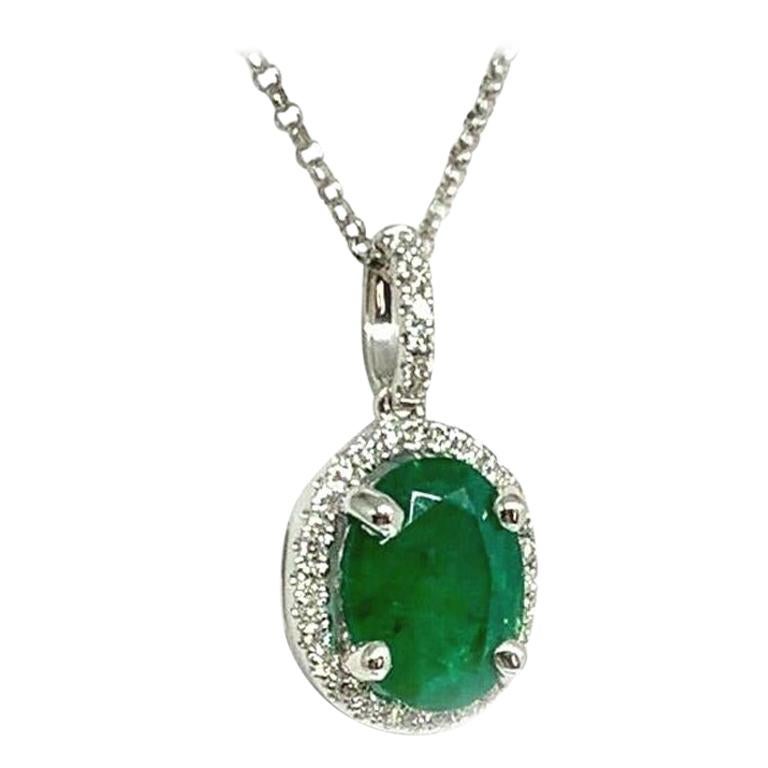 Diamond Emerald Necklace 18k White Gold 1.43 TCW Italy Certified
