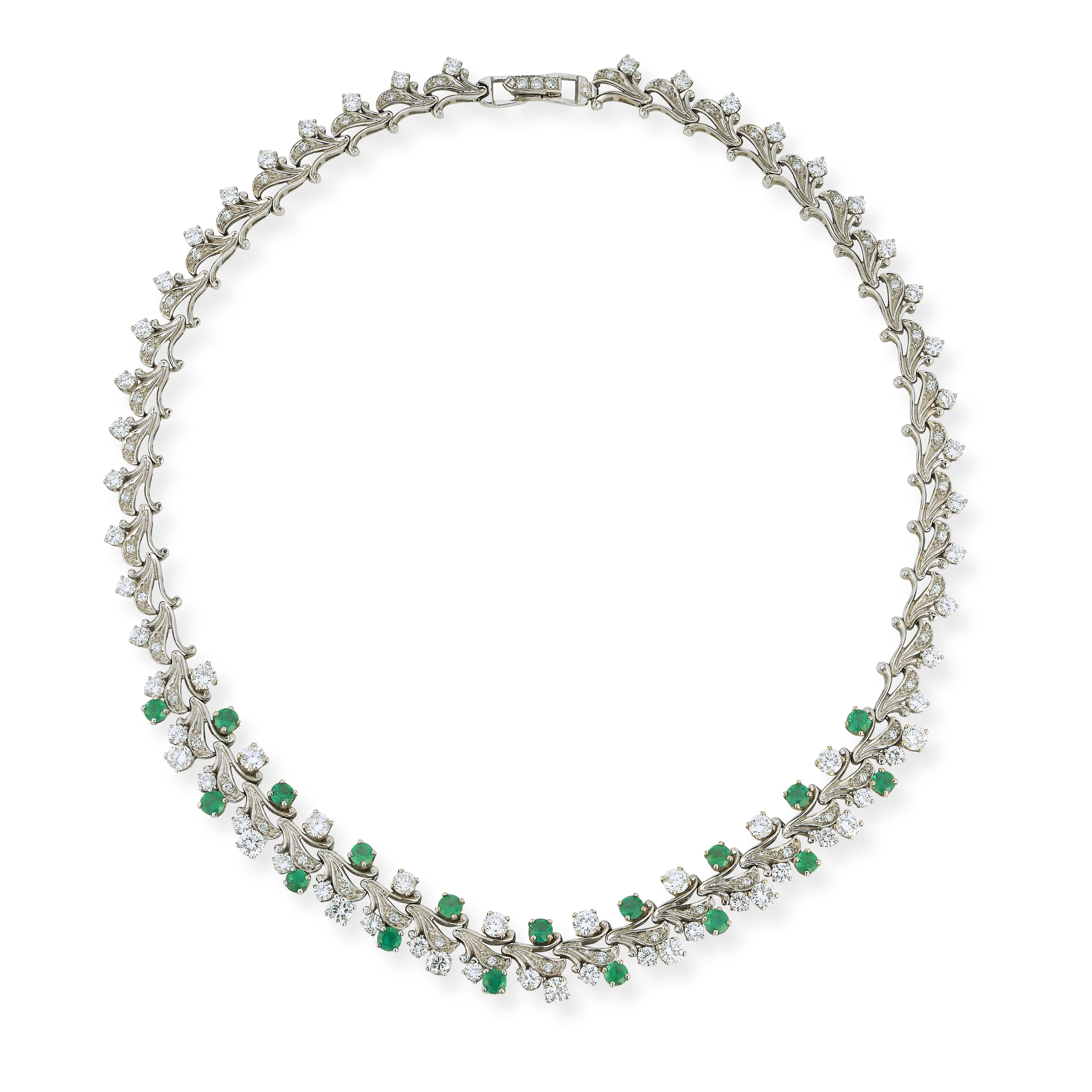 Two Row Diamond & Emerald Necklace,  a pattern of round cut diamonds & emeralds set in 14k white gold.

Measurements: 16