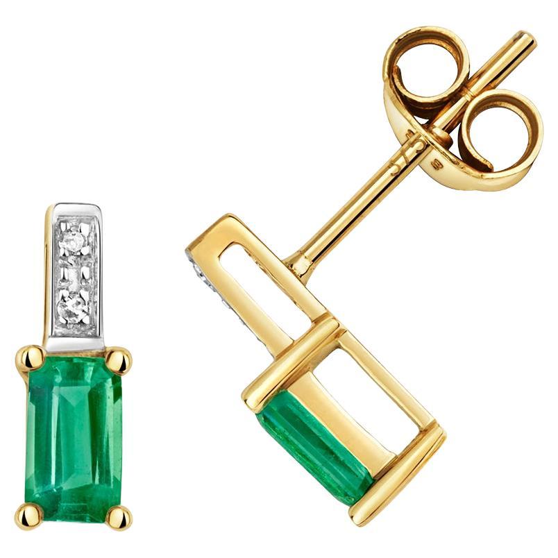 DIAMOND & EMERALD OCTAGON CLAW SET STUDS IN 9CT Gold For Sale