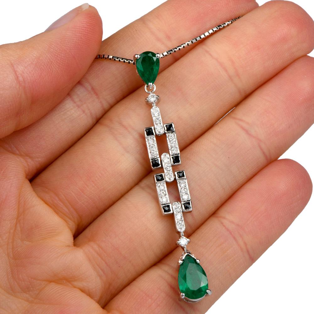 Pear Cut Diamond Emerald and Onyx 18 Karat Gold Drop Pendant
