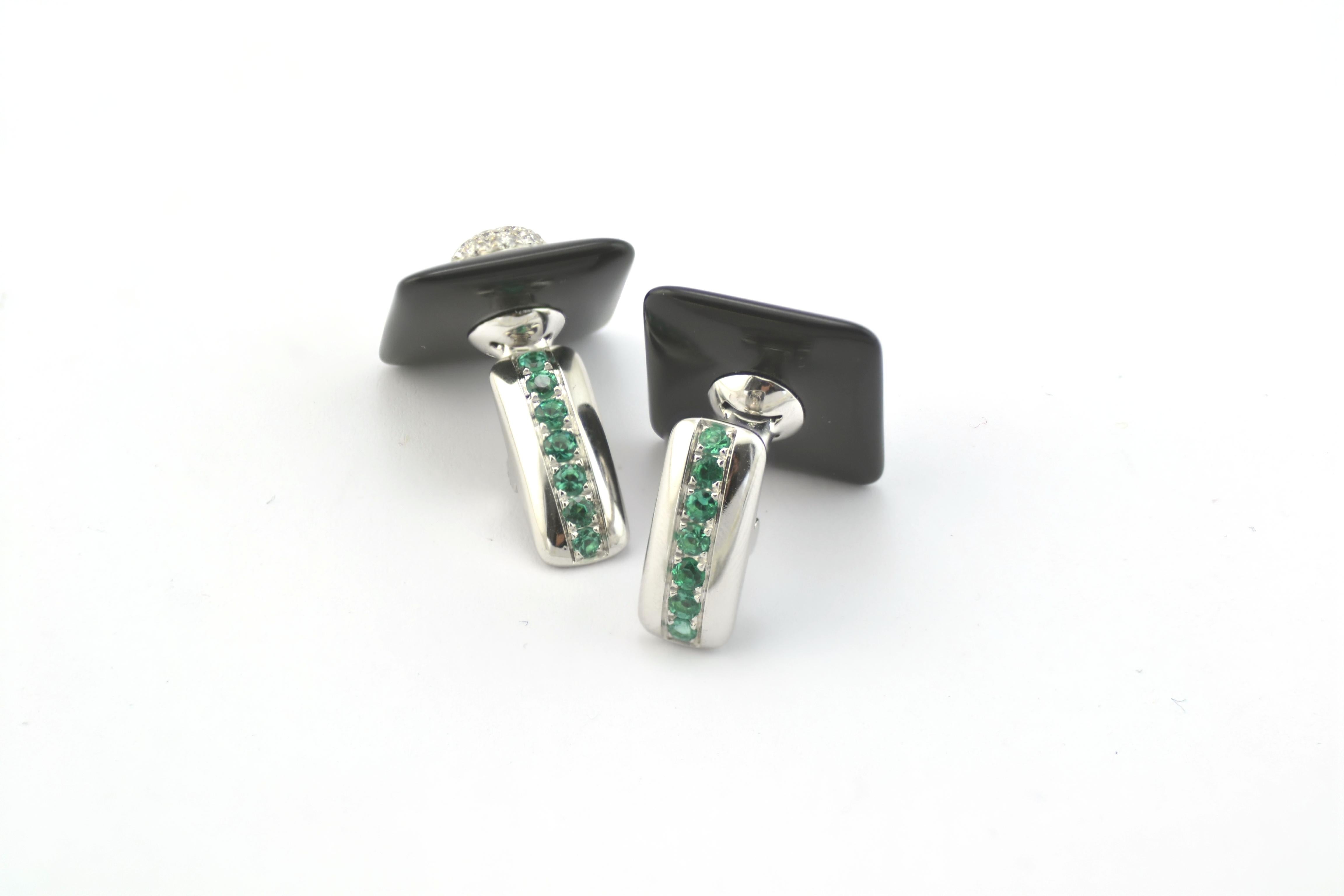 Contemporary Diamond Emerald Onyx 18K White Gold Made in Italy Cufflinks