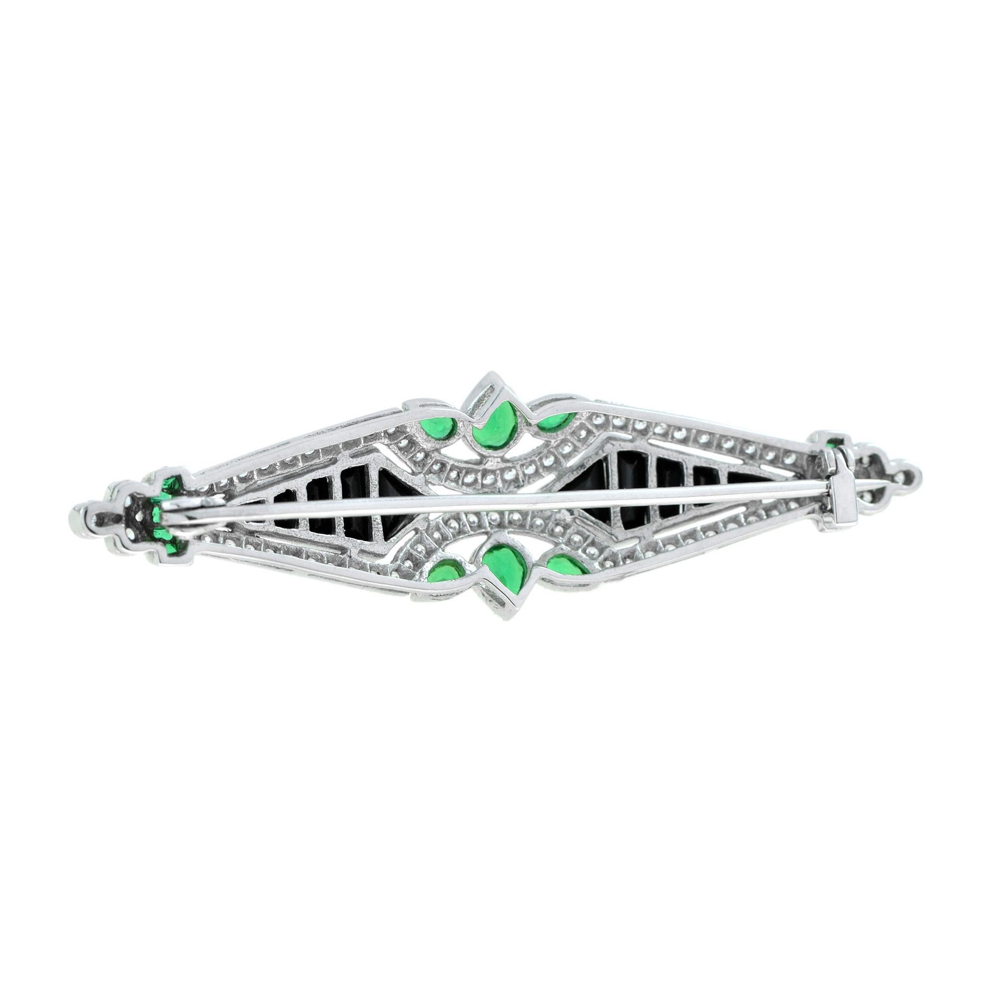 French Cut Diamond Emerald Onyx Art Deco Style Brooch in 14K White Gold For Sale