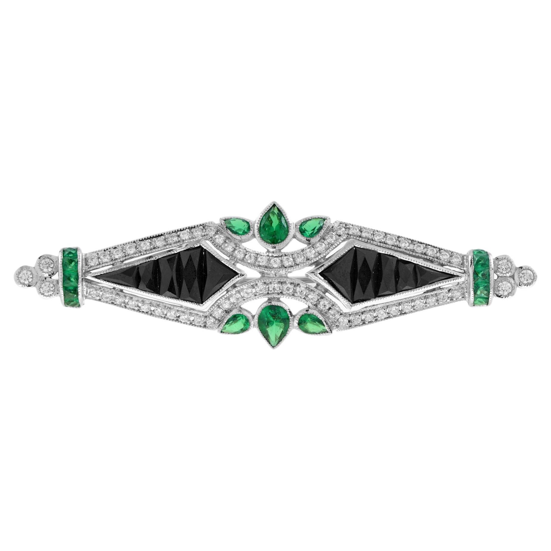 Diamond Emerald Onyx Art Deco Style Brooch in 14K White Gold