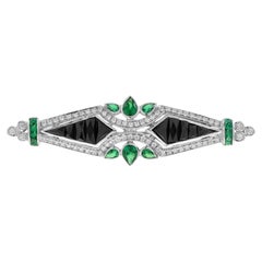 Diamant-Smaragd-Onyx-Brosche im Art-déco-Stil aus 14 Karat Weißgold
